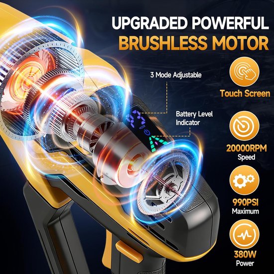 SnelShoppen - Accu Hogedrukreiniger 990 PSI Mobiele Watergun met Brushless Motor, 6-in-1 Spuitmond, 3 Instellingniveaus, LED Scherm voor Auto, Tuin, M van Snelshoppen — afbeelding 2