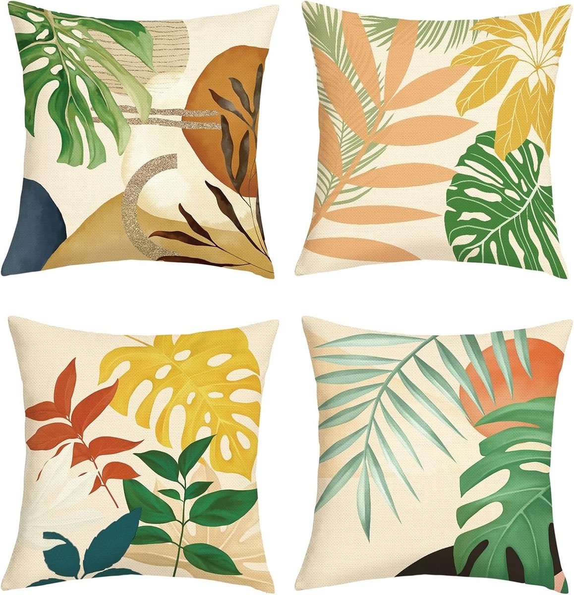 SnelShoppen - Set van 4 Boho Kussenhoezen 45x45 cm - Tropische Bladeren Decoratieve Kussens - Modern Abstract Polyester voor Sofa, Slaapkamer, Woonkam