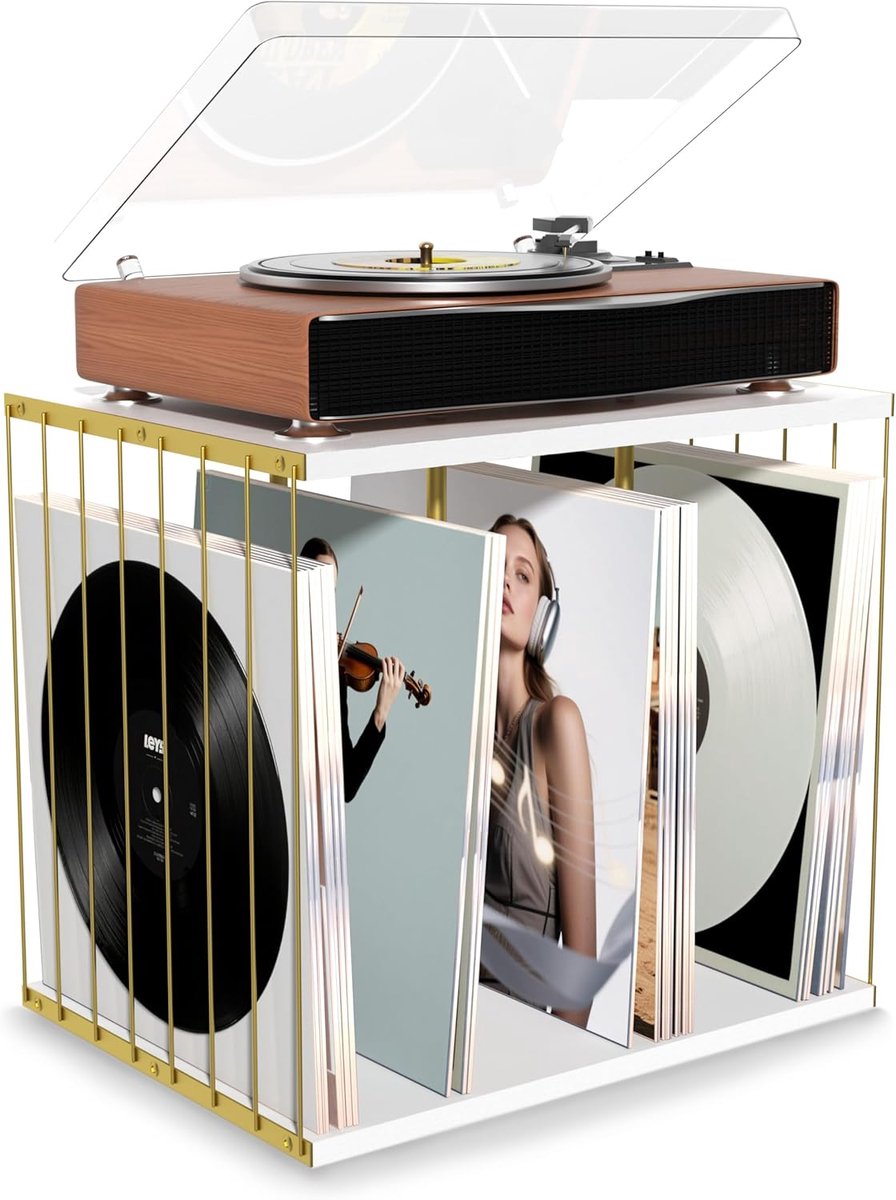 SnelShoppen - Houten Vinyl Platenhouder met 3 Compartimenten, Vintage Stijl, Multifunctioneel, Mobiele Recordhouder voor 80-100 Albums, Witte Kleur vo
