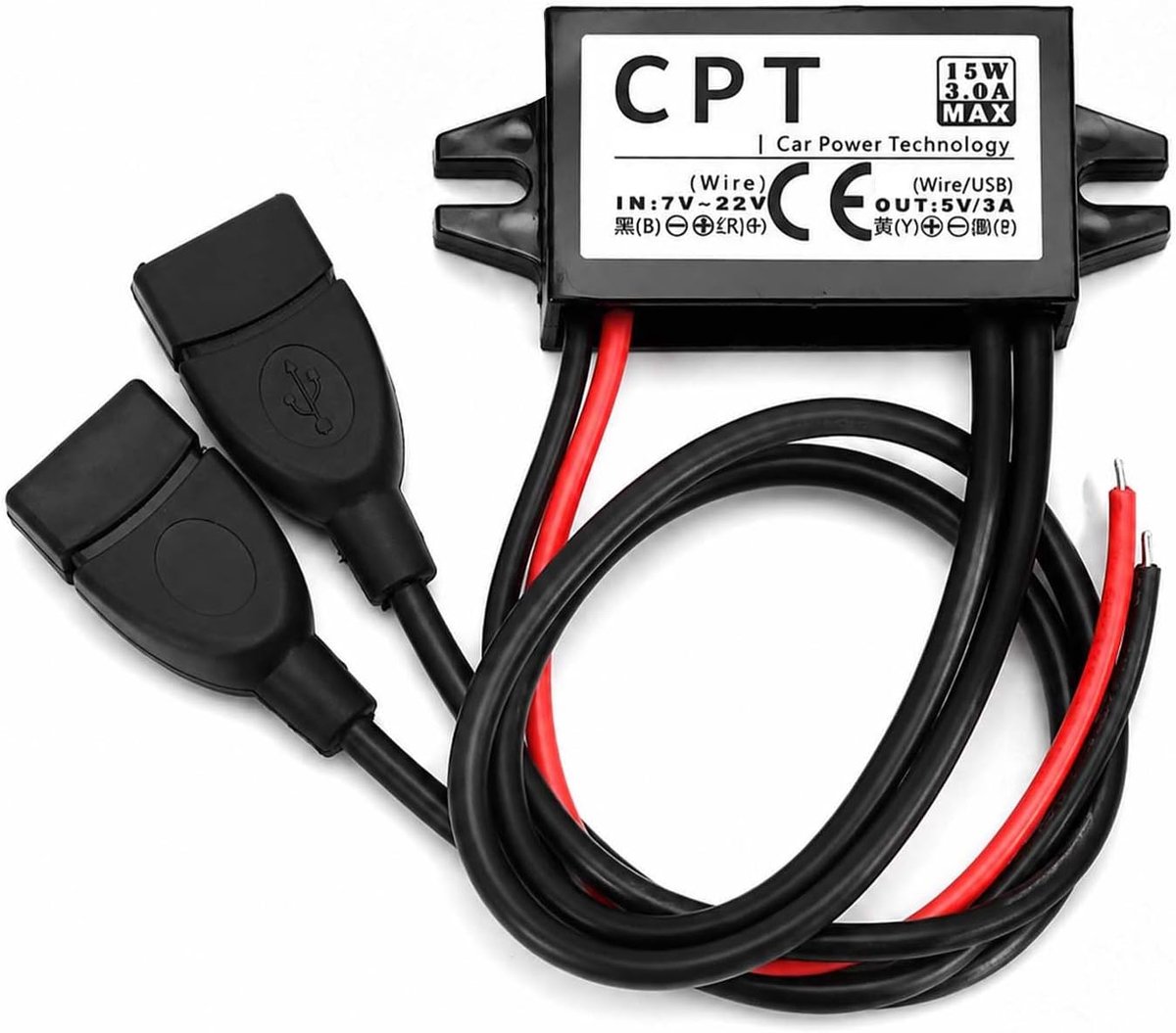 Thijox - 12 V USB-adapter, 12 V naar 5 V DC DC converter - Dual USB Step Down converter 5 V 3 A 15 W voor auto, motorfiets, boot, camper, GPS, dashcam