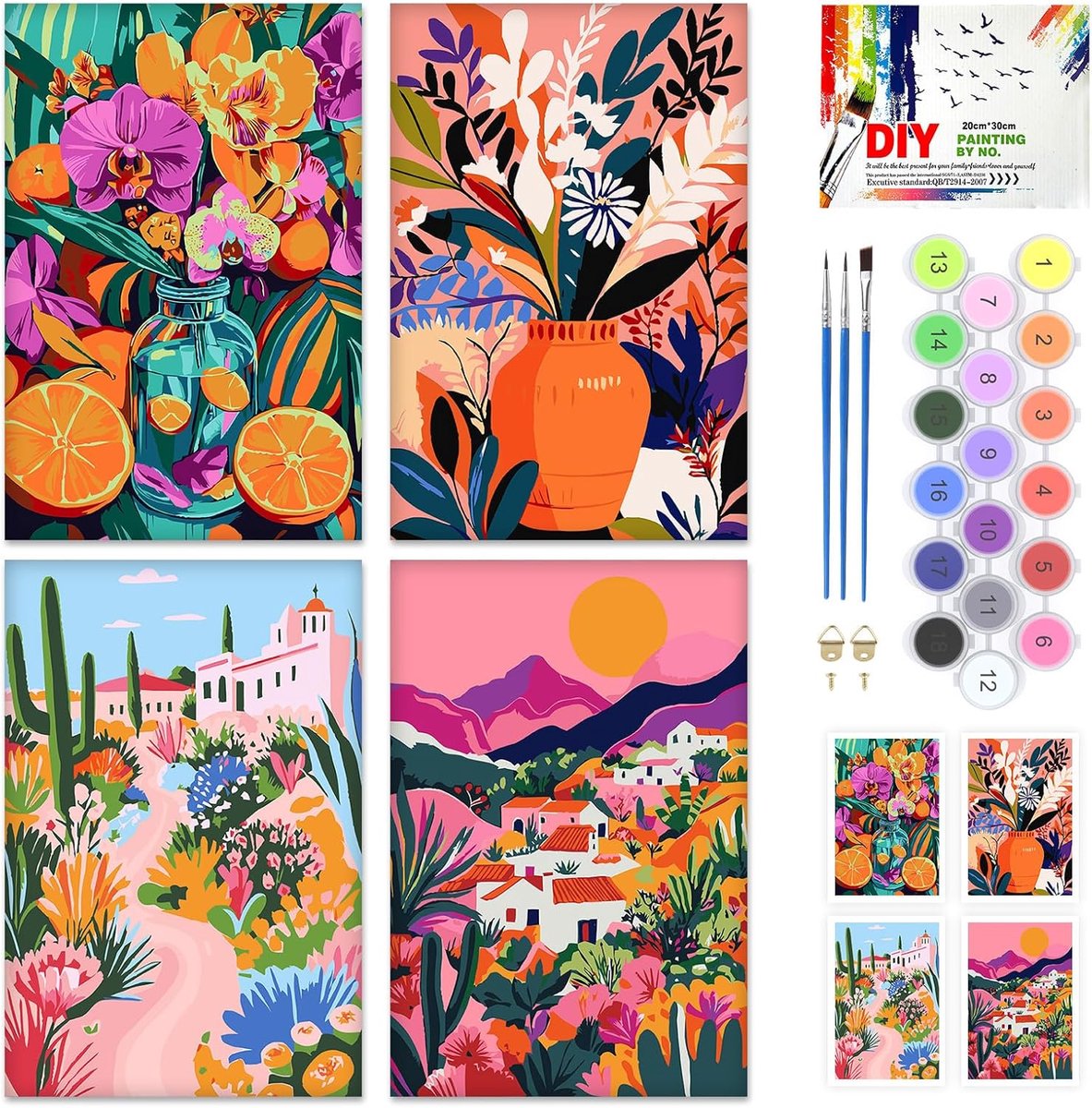 SnelShoppen - Set van 4 Schilderen op Nummer 26714-1 voor Beginners - Creatieve Hobby - Eenvoudig te Gebruiken - Voorgedrukt Canvas - Kleurrijk - Perf