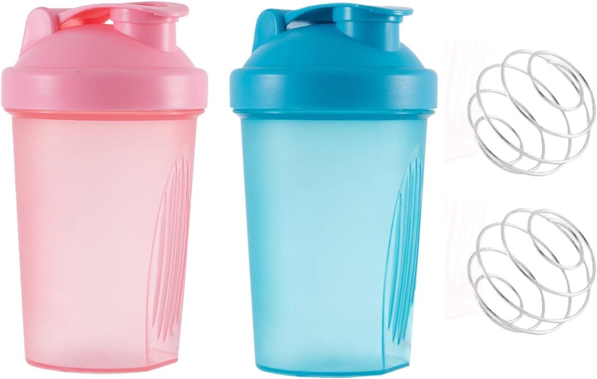 SnelShoppen - Eiwitshaker 400 ml, BPA-vrij, Lekvrij, Duurzaam, Shakebeker met Roerkogel, Perfect voor Weiproteïne Shakes, Roze + Blauw, Ideaal voor Th