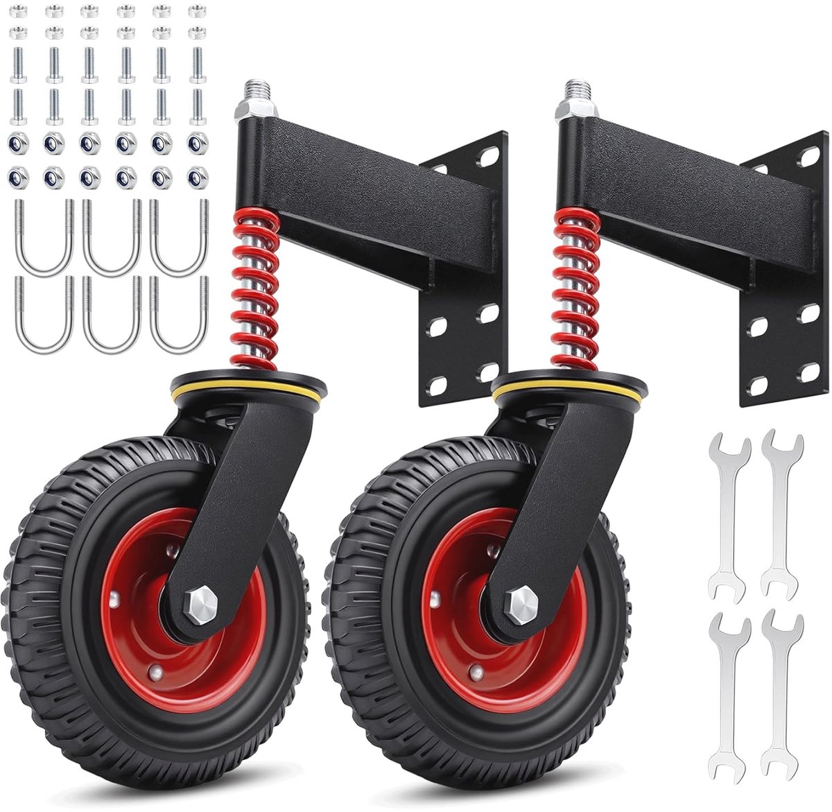 SnelShoppen - 200mm Heavy Duty Poortroller met Veer en Smeeropening, 250kg Laadvermogen, Stille Zwarte Rubberwiel voor Ongelijke Vloeren, Tuin, Grind,