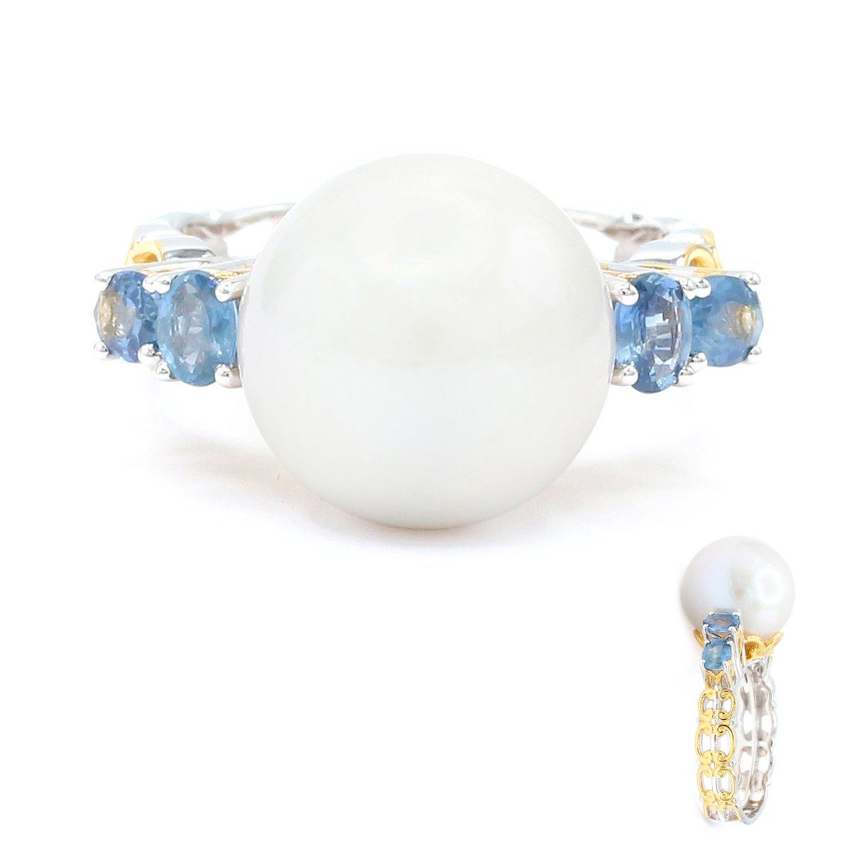 Cavill - Ring Zilver 925 Sterling met Witte 12 mm Zoetwaterparel en Blauwe Saffieren 0,9 ct - Elegante Damesring - Hoogwaardige Parelring