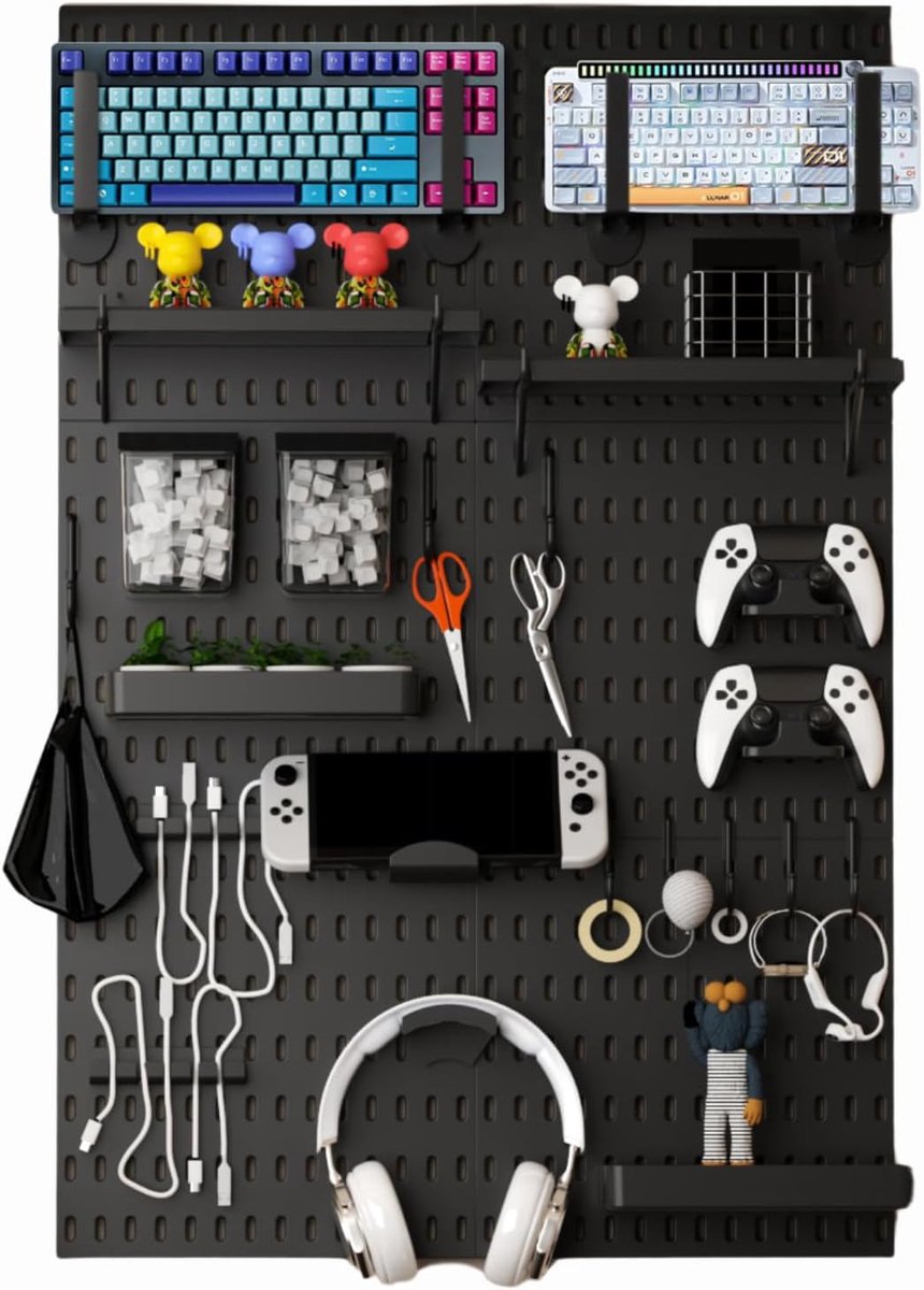 SnelShoppen - Pegboard Kit Gaming Organizer - Modular Wandbevestiging voor Game Accessoires - Hoofdtelefoonhouder, Consolehouder, Kabelorganizer, Zwar