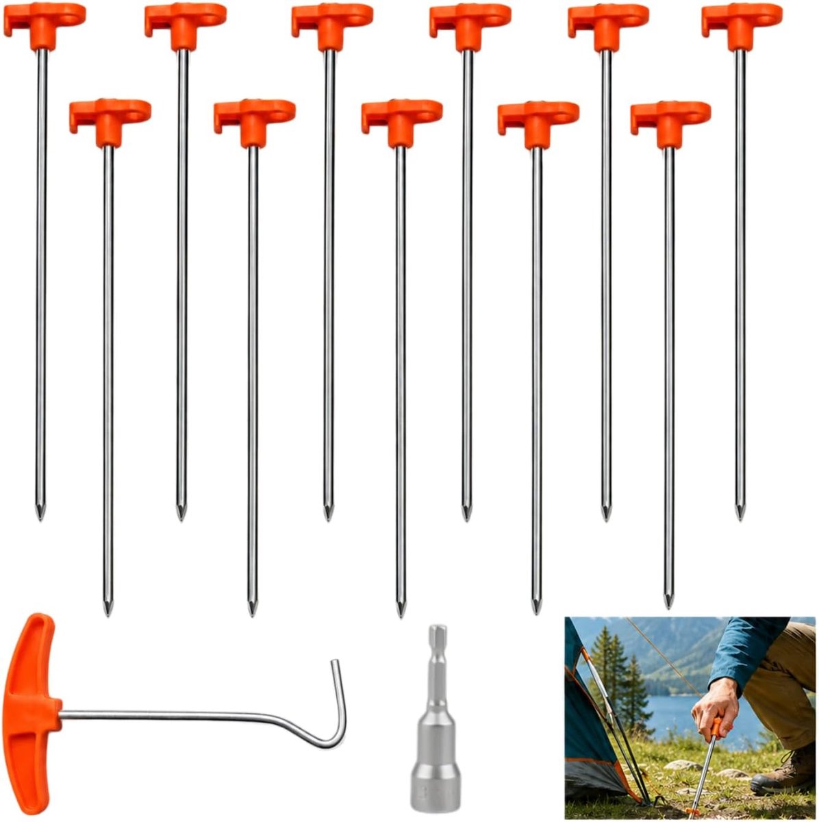 SnelShoppen - 12 QLK Zeltharingen, Schroefharingen voor Camping, Staal met Schroefdraad, Haringtrekker en Steeksleutel, Ideaal voor Harde Vloeren, Zan