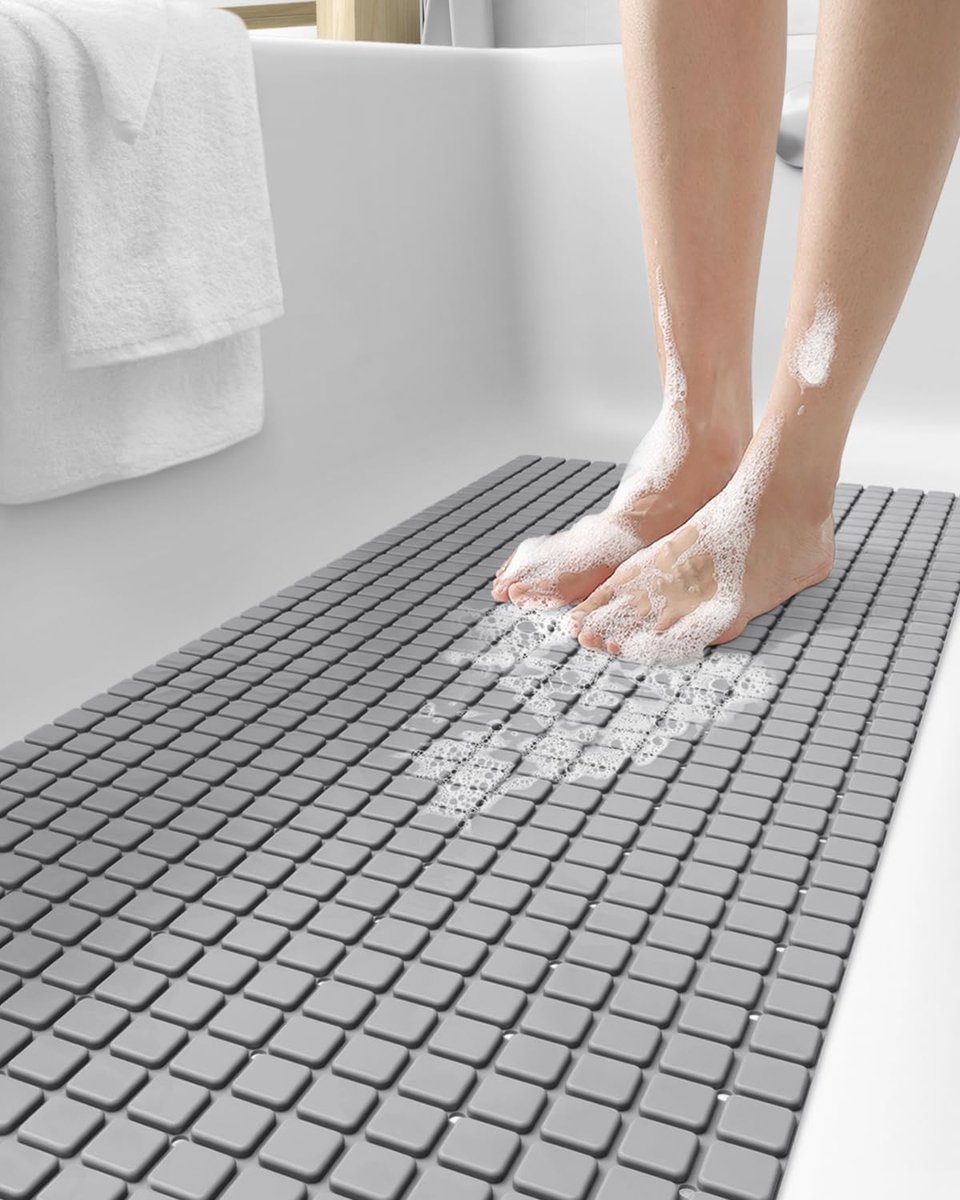 SnelShoppen - DEXI Antislip Badmat 40 x 95 cm - BPA Vrij, Latex Vrij, Machinewasbaar met Zuignappen en Afvoergaatjes - Extra Groot Grijs voor Bad en D