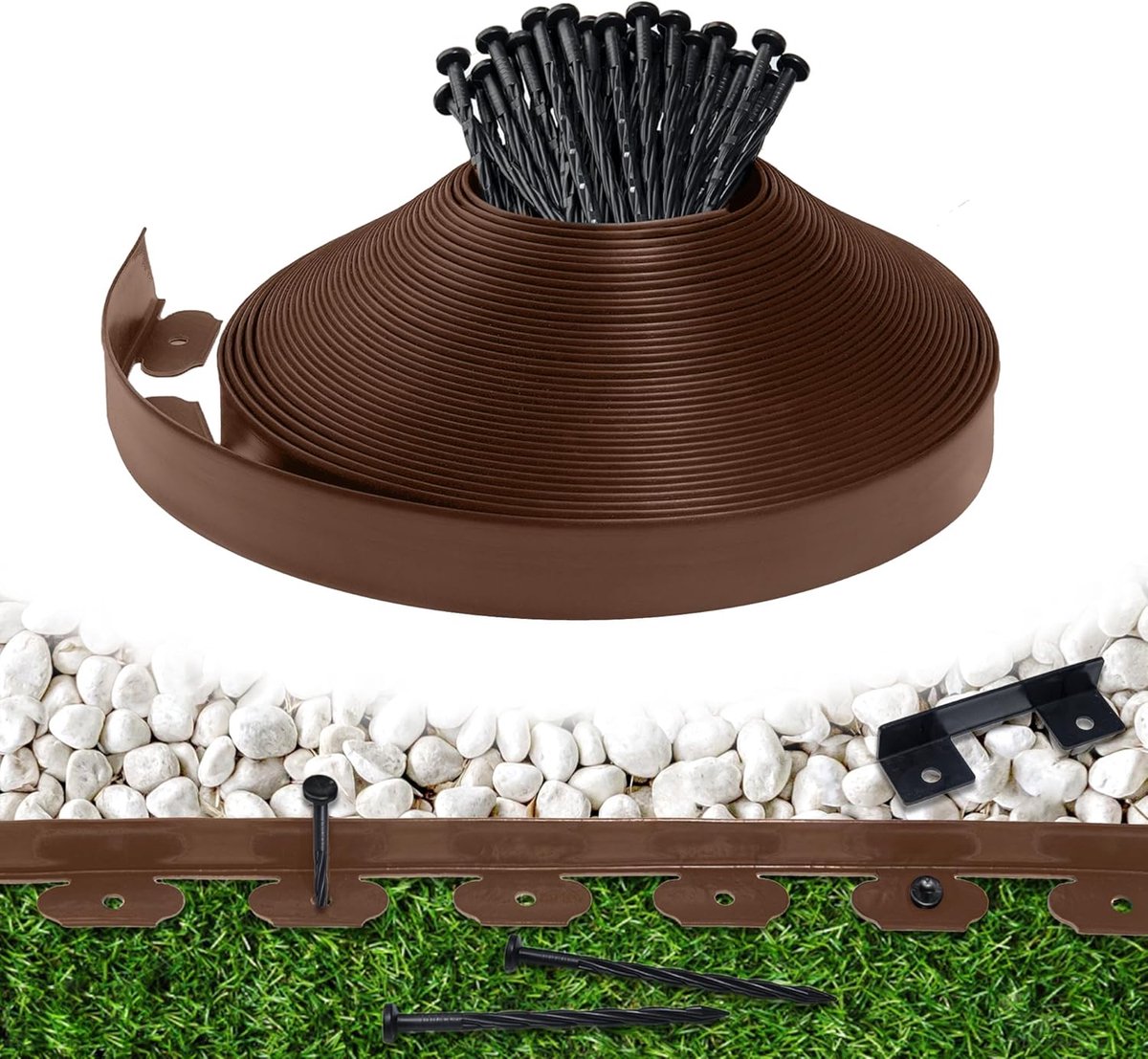 SnelShoppen - 10m Tuinrand met 30 Bevestigingspennen, Flexibele Plastic Tuinrand voor Bloembedden, Gazons, Paden, Bruin, 6cm Hoog