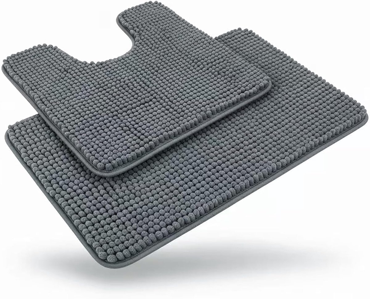SnelShoppen - Chenille Badmat Set 50 x 80 + 50 x 50 cm, Antislip, Wasbaar, Sneldrogend, Grijs, Luxe Microvezel voor Badkamer en Douche