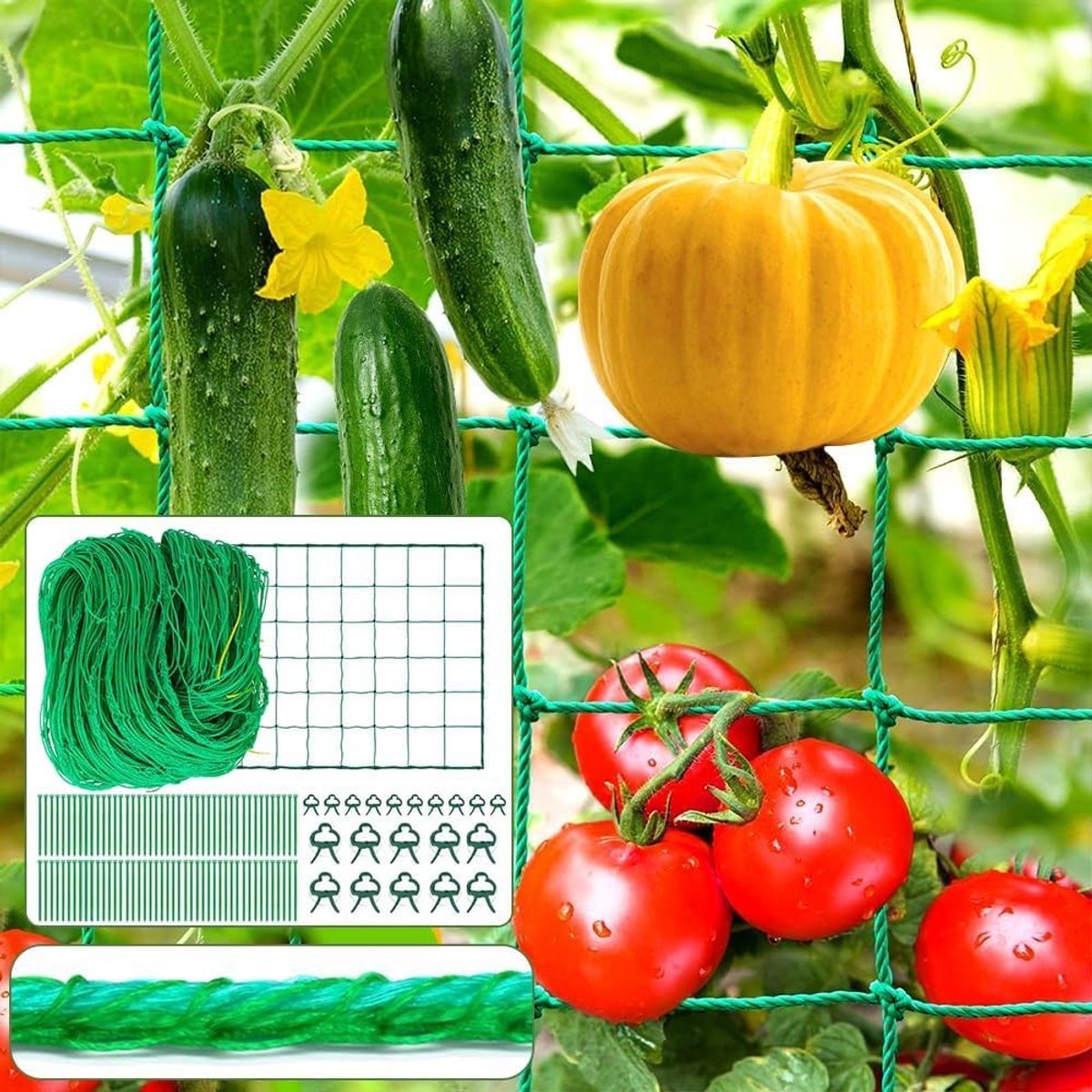 Klimplanten Net van 2 m x 10 m voor Groenten en Tomaten, Inclusief 100 Plant Ties en 20 Clips, Ideaal voor Groentetuin en Kassen