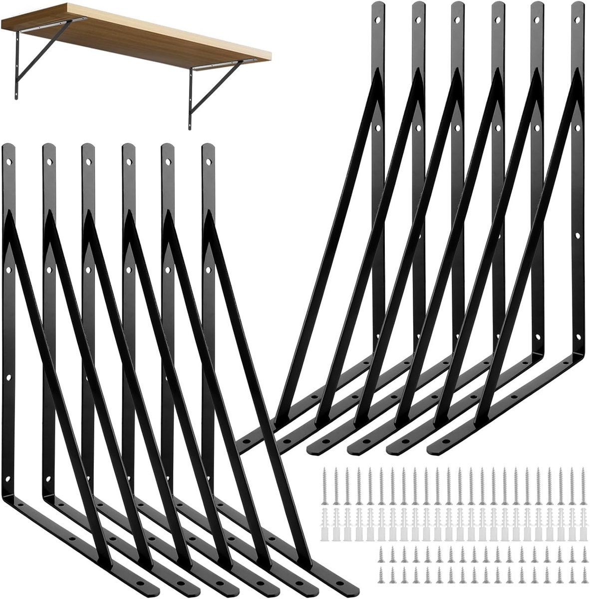 SnelShoppen - 12 Stuks Plankhouders, 400 x 250mm, Zwarte Metalen Hoeksteunen, Stevige Hoekhouders voor DIY, Wandtafel, Wandmontage, Werkbank, Opslagre