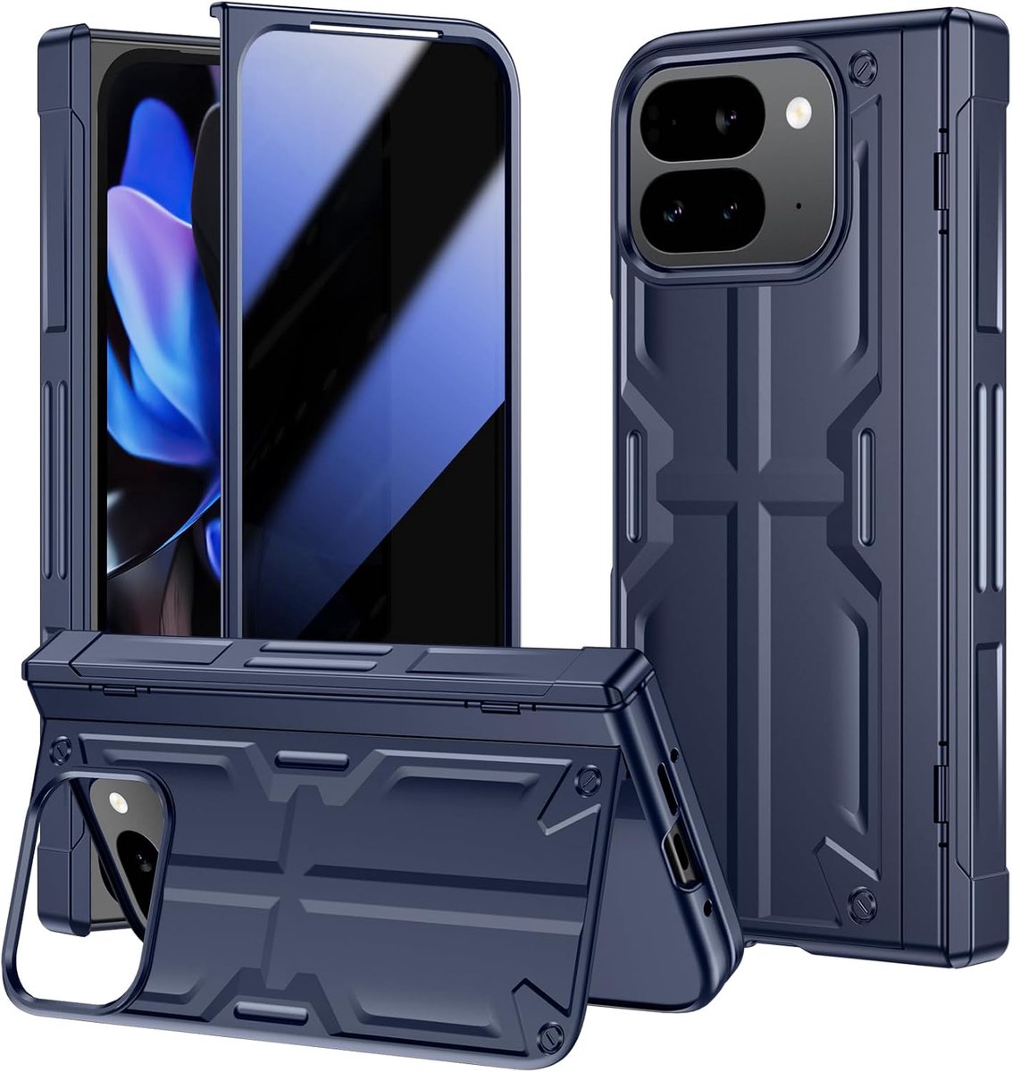 SnelShoppen - Case voor Google Pixel 9 Pro Fold 5G met Hinge Bescherming, Rugged Protective Case, Anti-Spy Privacy Film, Verstevigde Stand, Blauw