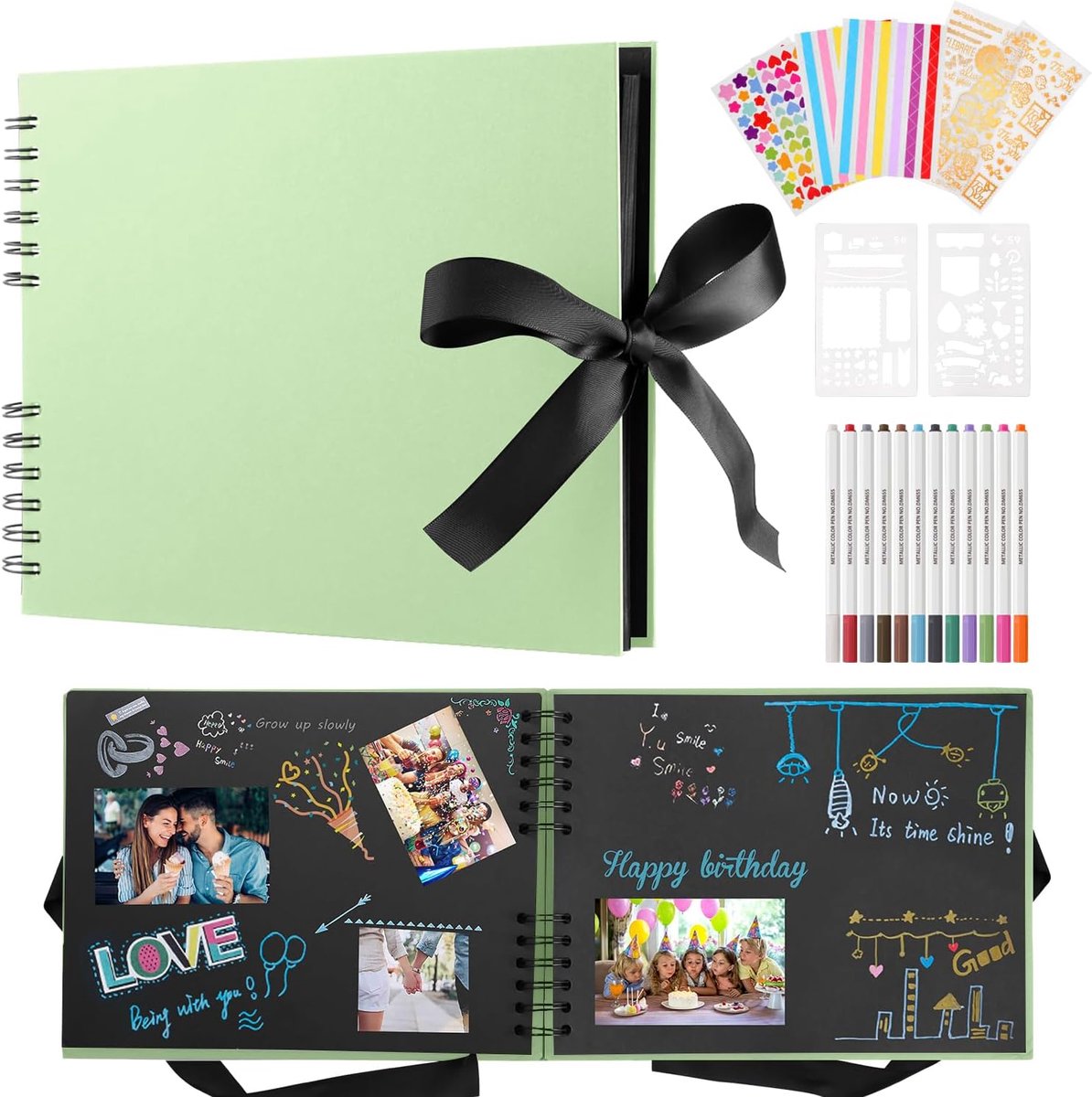 SnelShoppen - DazSpirit Foto Album 29.5 x 21 cm voor DIY Design, Zwart, 80 Pagina's, Scrapbook voor 240 Foto's, Inclusief 12 Metallic Kleurpotloden, G