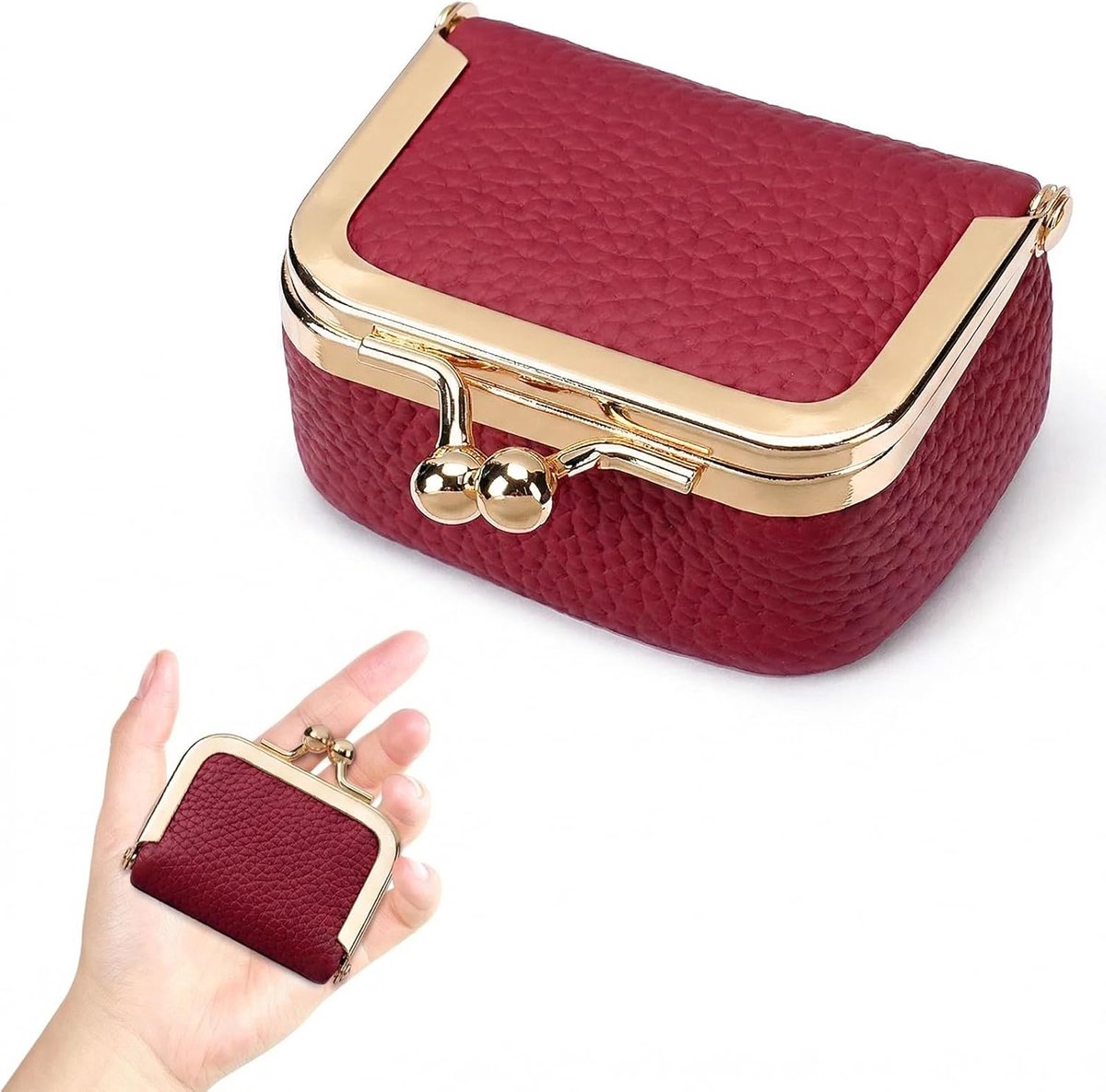 SnelShoppen - Mini Sieradenkistje van Echt Leer - Compacte Juwelen Organizer met Kussen Sluiting - Rood - Perfect voor Reis en Thuis - Voor Kettingen
