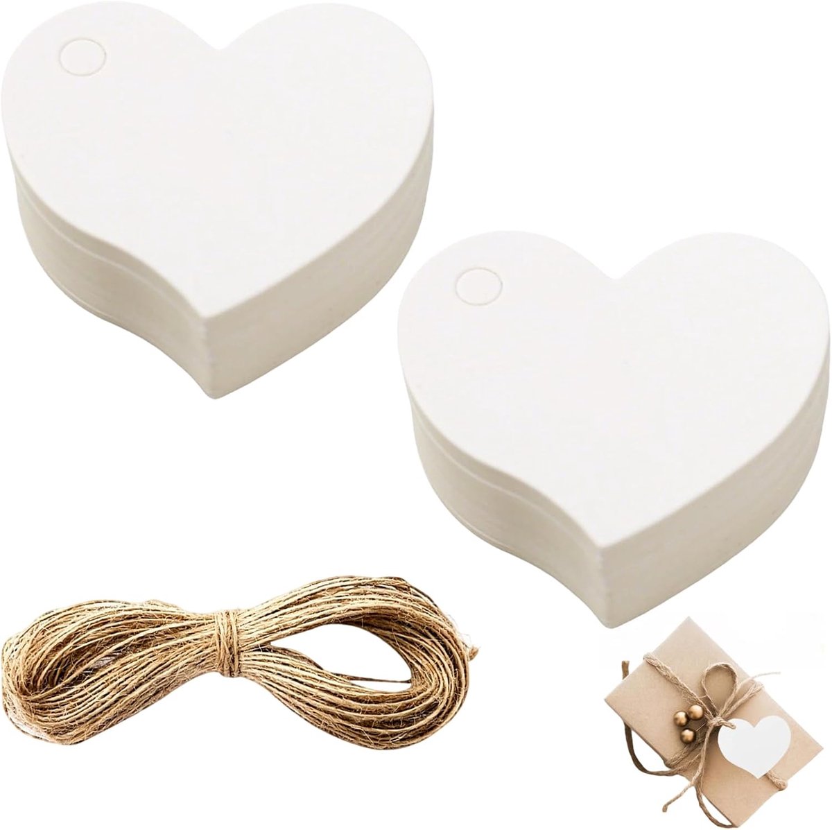 SnelShoppen - 100 Hartvormige Kraftpapieren Cadeauhangers met Koord, Witte Cadeaulabels voor Bruiloft, Verjaardag, Valentijnsdag, Kerstmis en DIY Deco