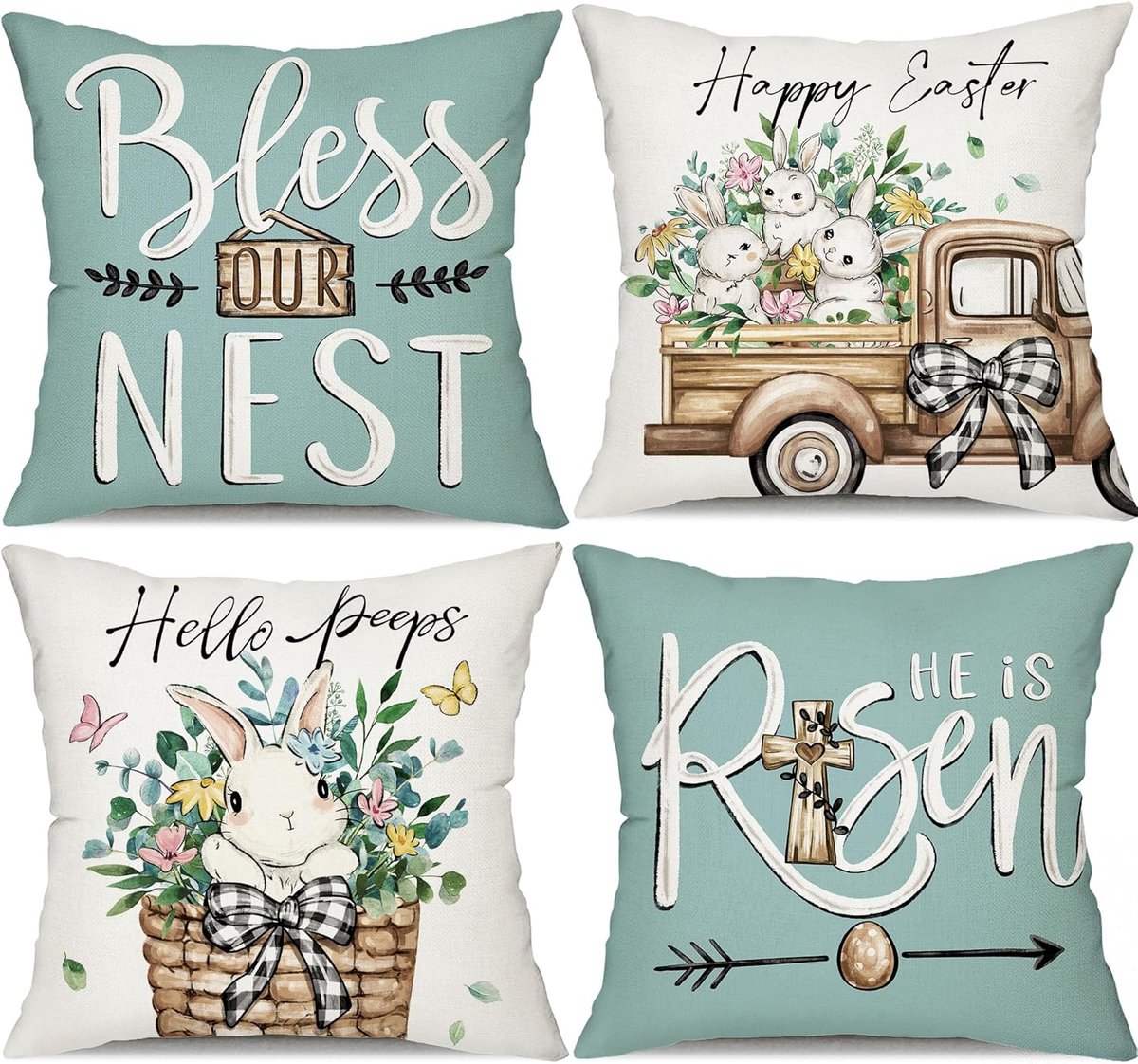 SnelShoppen - Set van 4 Kussenhoezen 45x45 cm met Konijnen en Eucalyptus Bladeren - Decoratieve Kussens voor Huis, Tuin en Feest - Polyester Kussenhoe