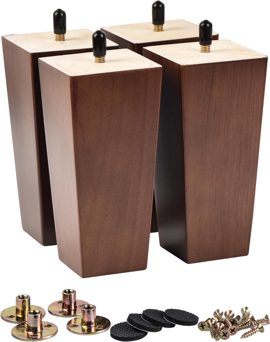 SnelShoppen - 4 Stuks La Vane Houten Poten 8 Inch Vierkant Walnoot Hout met Voorgeboorde 1.5cm Bouten en Montageplaat voor Bank, Stoel, Meubel