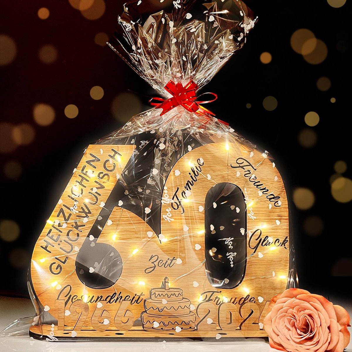 SnelShoppen - YUNLI Gastenboek met Houten Bord voor 60ste Verjaardag 2025 - Persoonlijk Cadeau, Decoratie met LED Lichten, 60 Jaar Feest, Gastenboek v