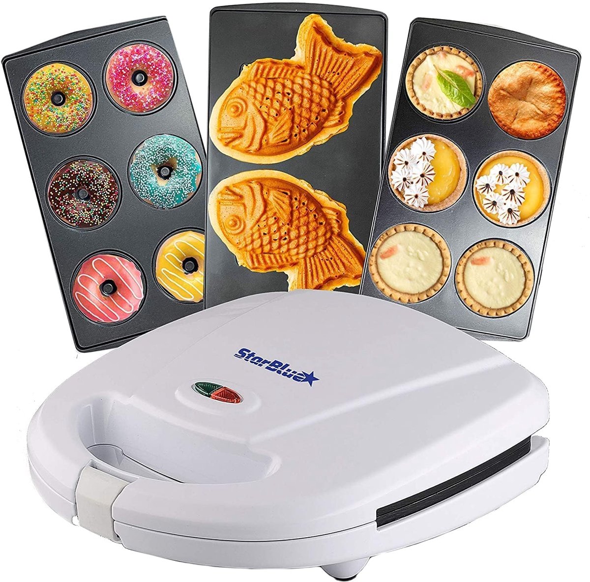 SnelShoppen - Mini Donut Maker, Mini Cake en Quiche Maker, Taiyaki Maker - 3 In 1 Dessert Maker met 3 Verwisselbare Platen - Wit 220-240V 50/60Hz 700-