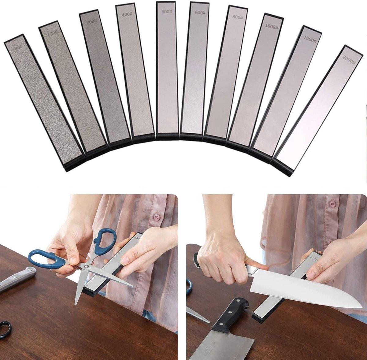 SnelShoppen - Pack van 10 Mes Slijpstenen, Professionele Whetstone Mes Slijper voor Keuken, Grit 80-2000, Ideaal voor Fijn Slijpen en Polijsten