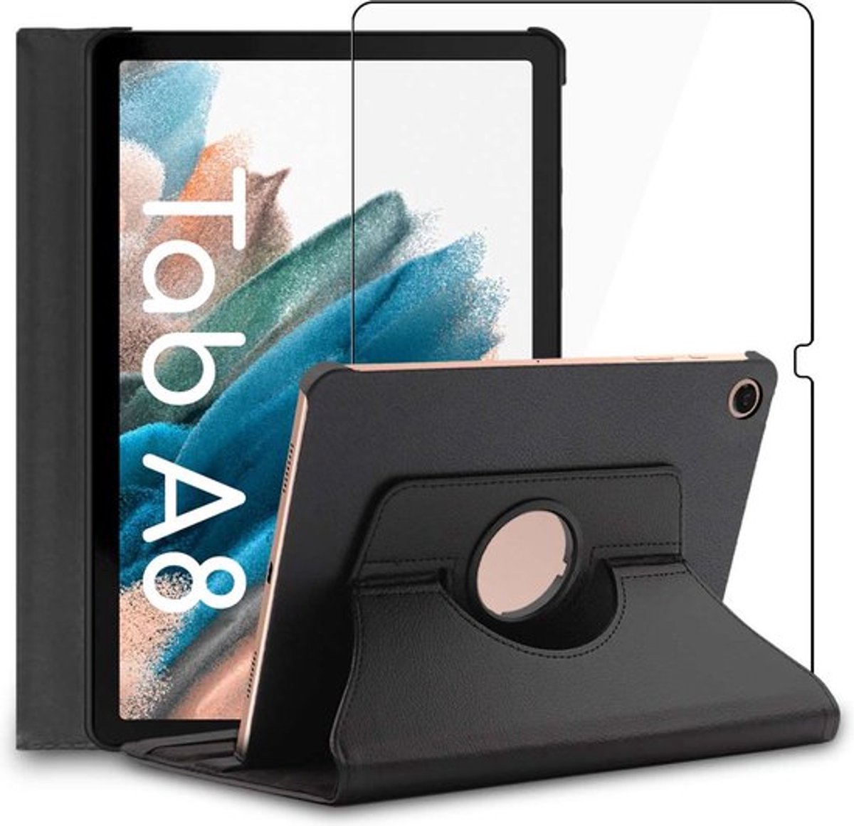 ebestStar - Hoes geschikt voor Samsung Galaxy Tab A8 10.5 (2021) SM-X200 X205, Roterende Etui, Case, 360° Draaibaar hoesje, Zwart + Gehard Glas