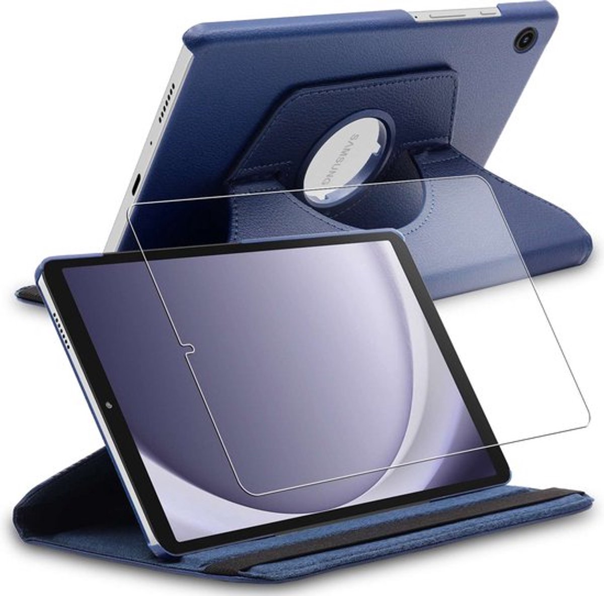 ebestStar - Hoes geschikt voor Samsung Galaxy Tab A9 8.7 (2023) SM-X110, Roterende Etui, Case, 360° Draaibaar hoesje, Donkerblauw + Gehard Glas