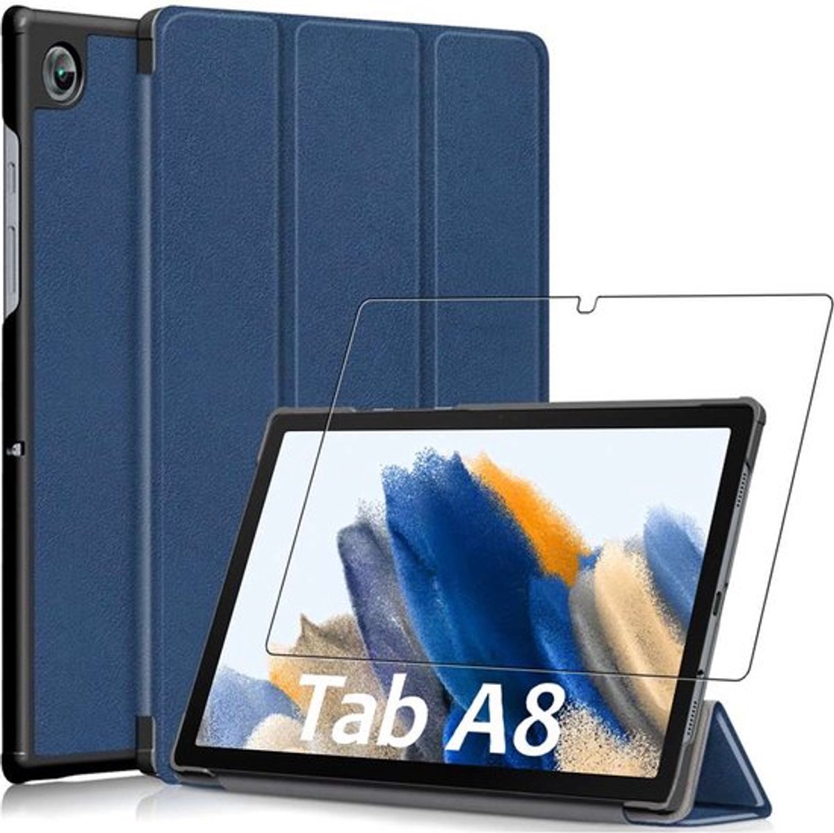 ebestStar - Hoes geschikt voor Samsung Galaxy Tab A8 10.5 (2021) SM-X200 X205, Slanke Design PU Lederen Etui, Automatische Slaap/Wake, SmartCase hoesje, Donkerblauw + Gehard Glas