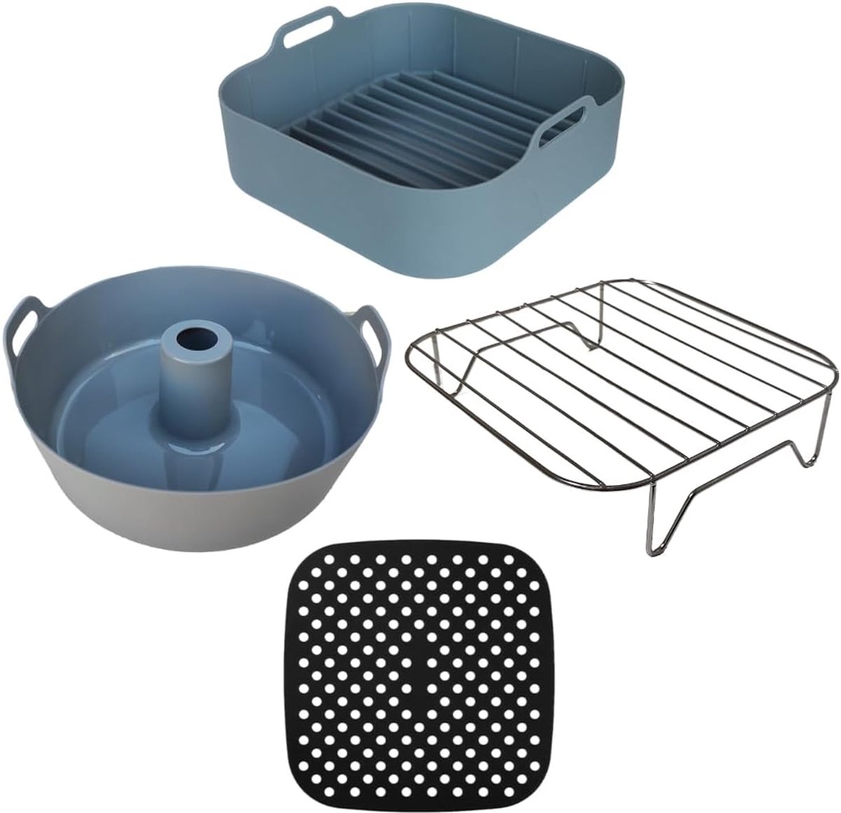 SnelShoppen - Air Fryer Accessoires Set 4-delig - 22cm Siliconen Bakmand, 21cm Savarine Vorm, Robuuste Rack & Silicone Mat voor Gezond Koken, Geschikt