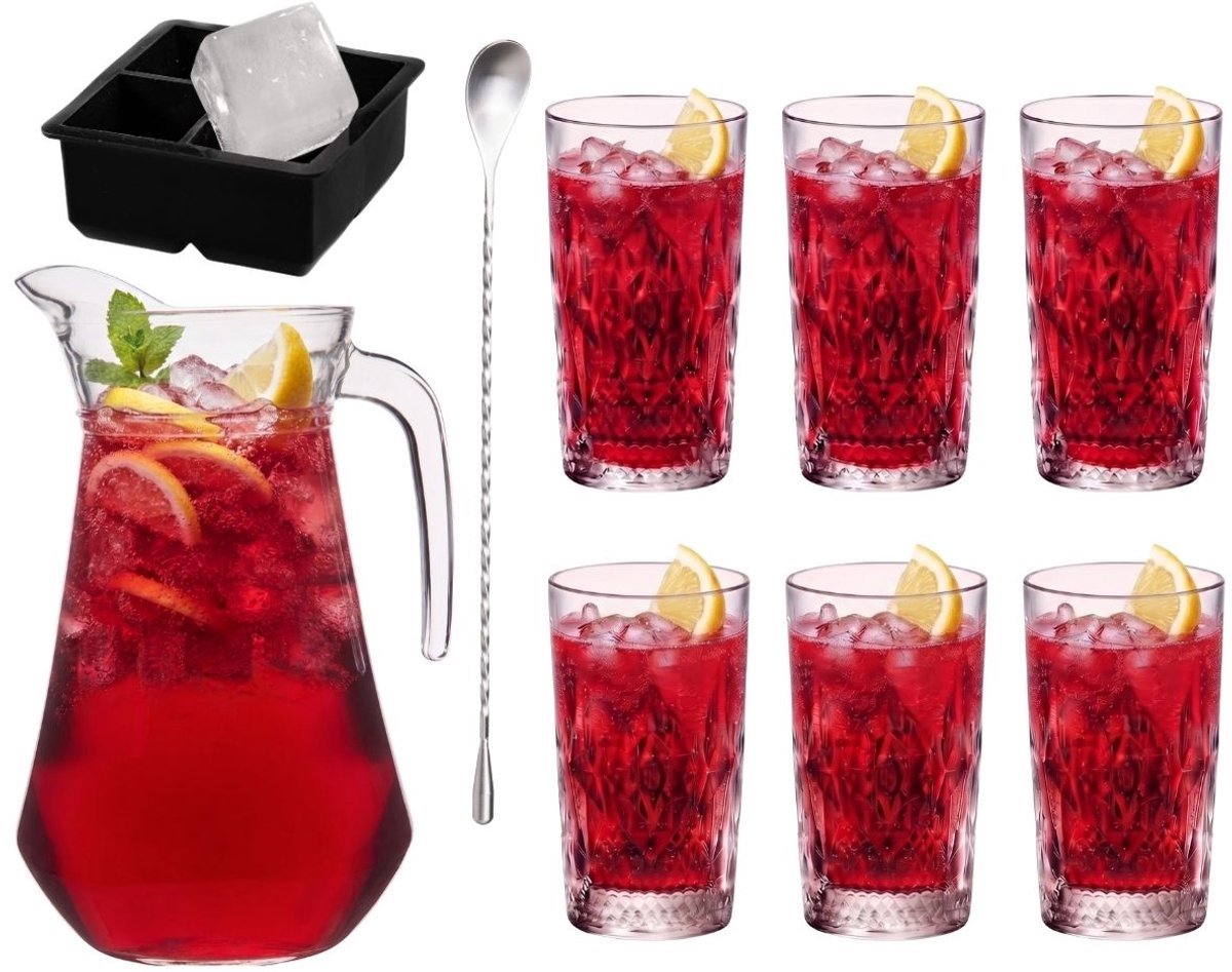 Cocktailset Rooie Annie - Karaf 1.6 L met 6 Longdrinkglazen 490 ml, Cocktaillepel & IJsblokjesvorm