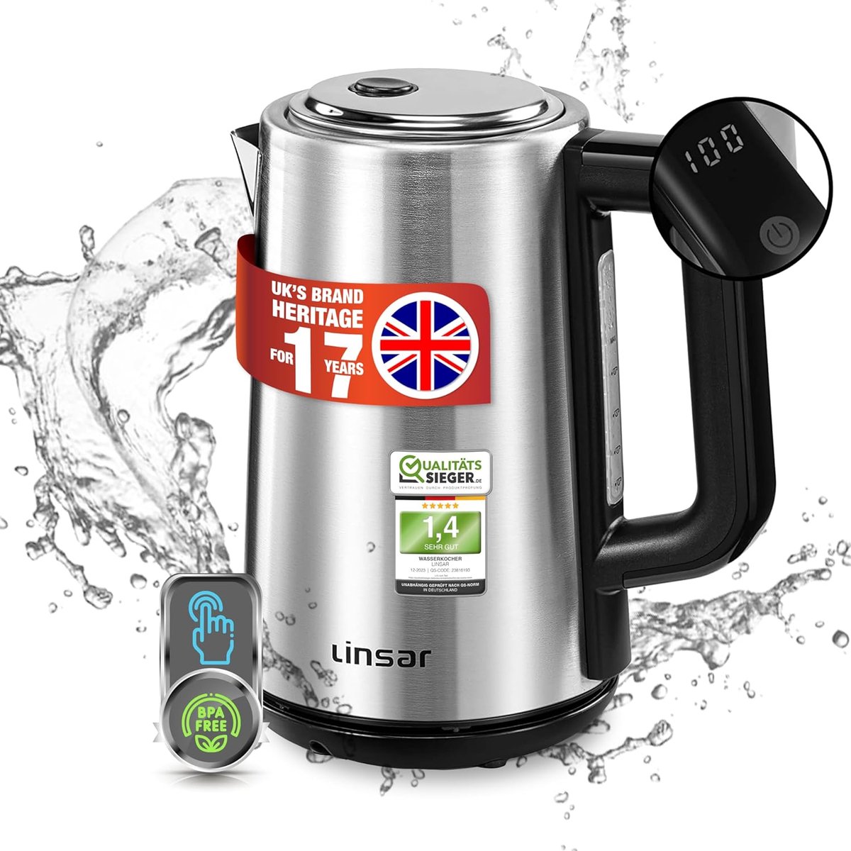 Thijox - Waterkoker RVS look 1,7 liter - Touchfunctie, warmhoudfunctie, 5 temperatuurinstellingen, kalkfilter, automatische uitschakeling, digitaal di