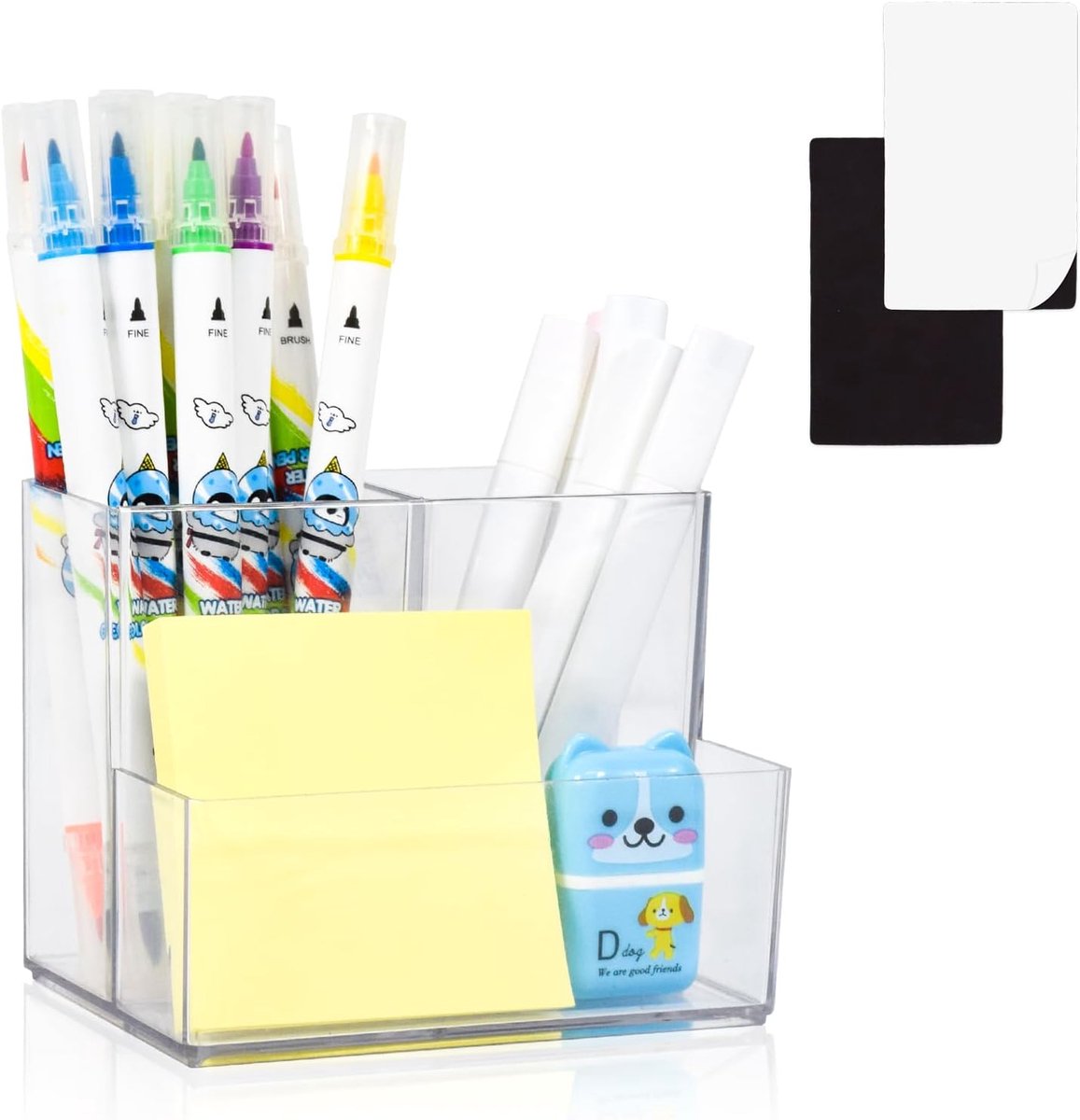 SnelShoppen - Acryl Penhouder Desk Organizer met 3 Compartimenten, Duidelijk Makeup Kwasten Houder, Compacte Bureau Organizer met 2 Magnetische Vierka