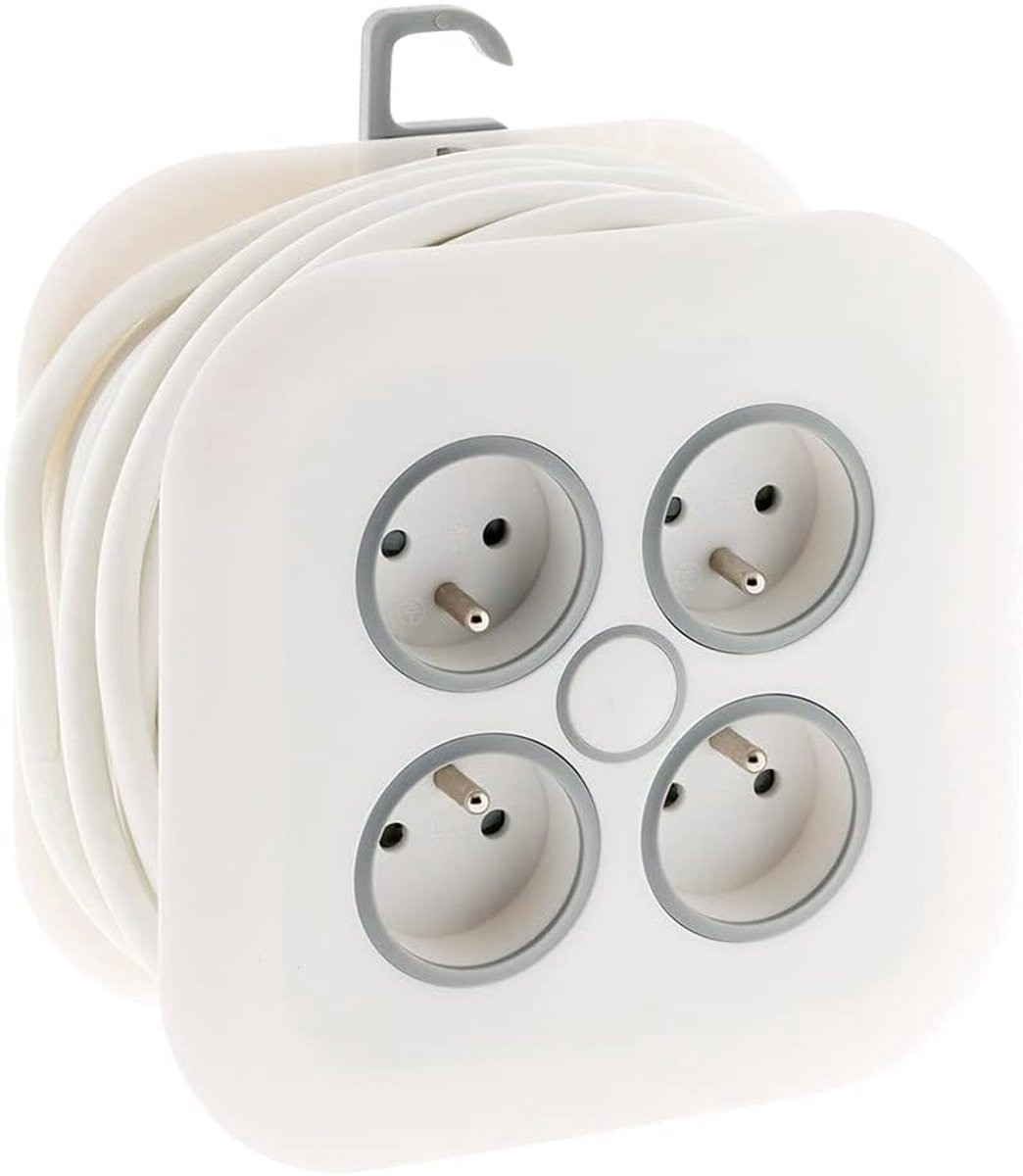 SnelShoppen - Domestic Kabelhaspel 4x 16A 2P+T - Ultra-Slanke Stekker 3G1mm² - 7m - Wit - Geïntegreerde Muurbeugel - Uittrekbare Ring - Hanghaak - Erg