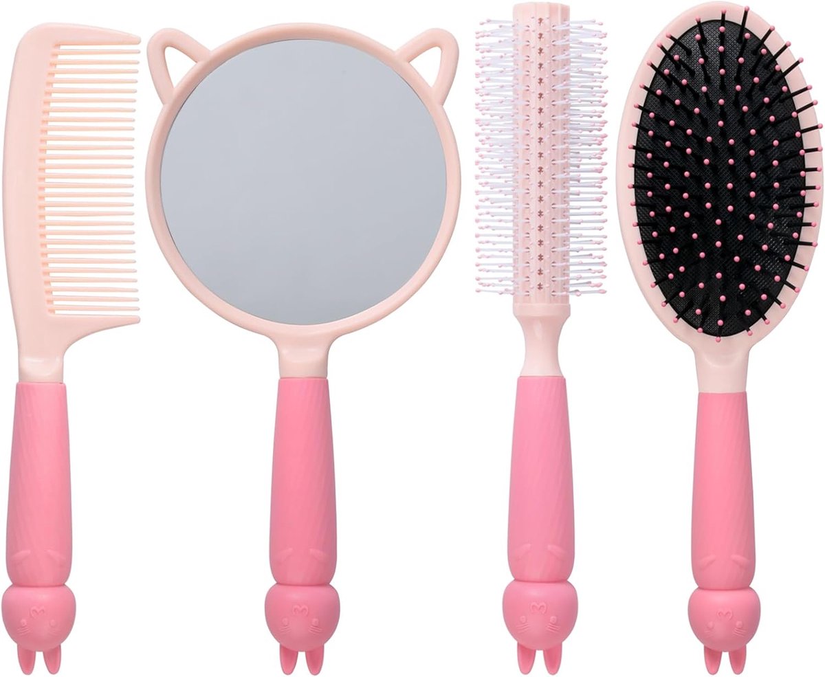 SnelShoppen - 4-delige Meisjes Vanity Set met Haarkam, Ontklittende Borstel, Handspiegel en Massageborstel voor Kinderen, Perfect voor Feesten en Dage