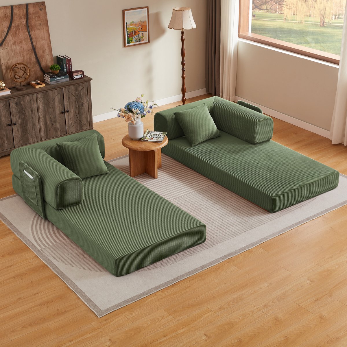 HAUSS SPOLE Slaapbank - Klapsofa Met Slaapfunctie En 2 Kussens - Vloerbank Voor Woonkamer En Slaapkamer - Cordstof Groen