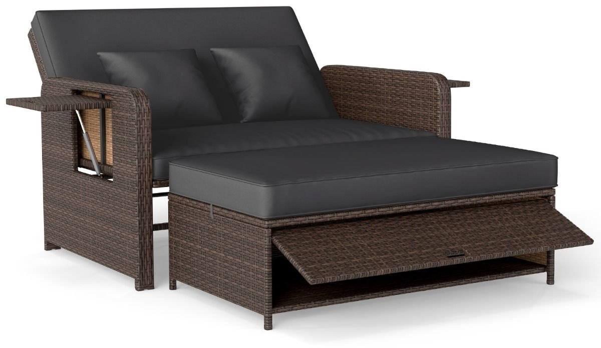 SureDeal® - Tuinmeubel - Polyester Rotan Ligstoel - Voetenbank - Opbergvak - 166x122x70 cm