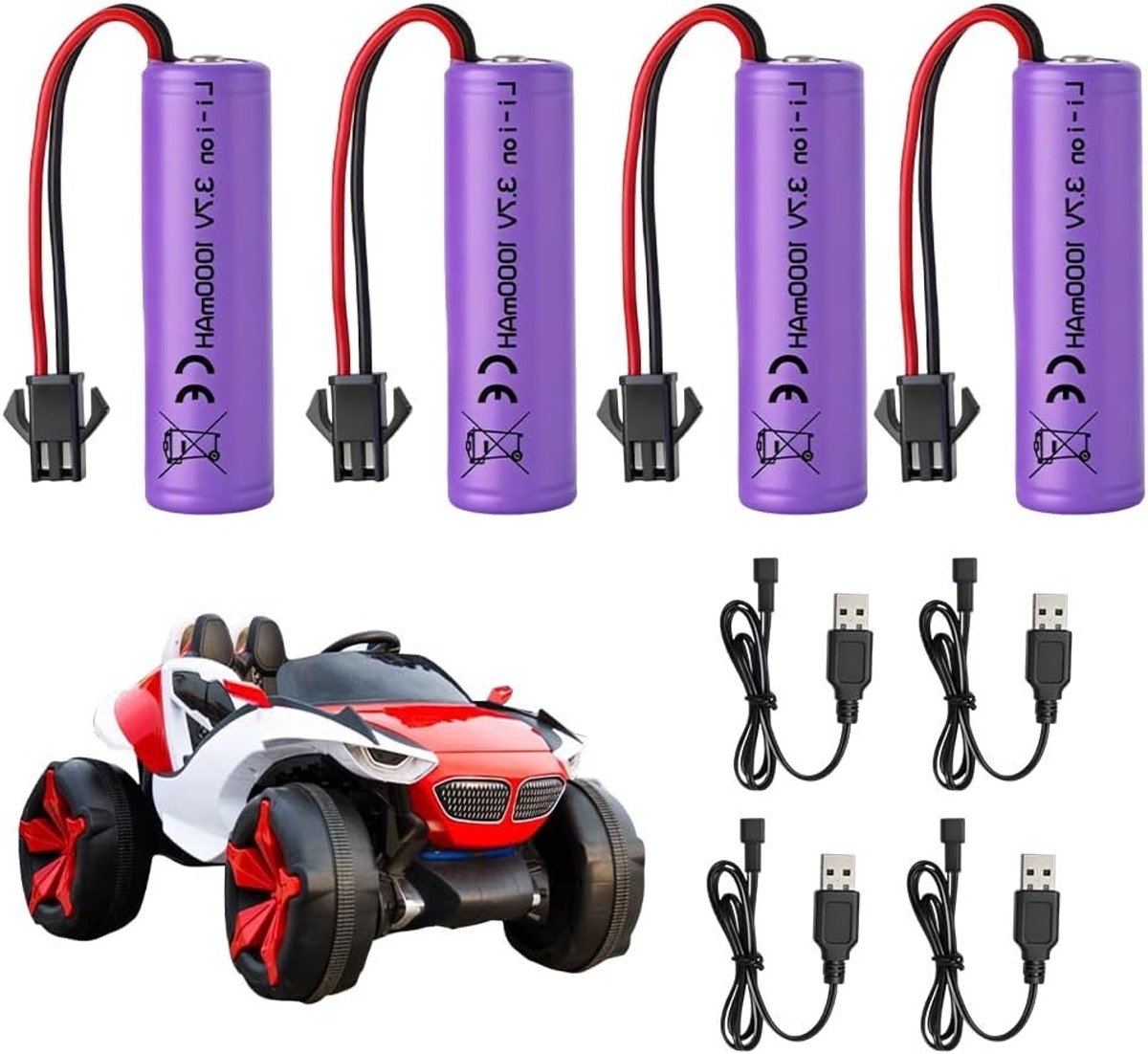 4 Stuks 3.7V Oplaadbare Lithium Batterijen 1000mAh met USB Oplaadkabel voor RC Voertuigen, Botenspeelgoed en Stuntauto's