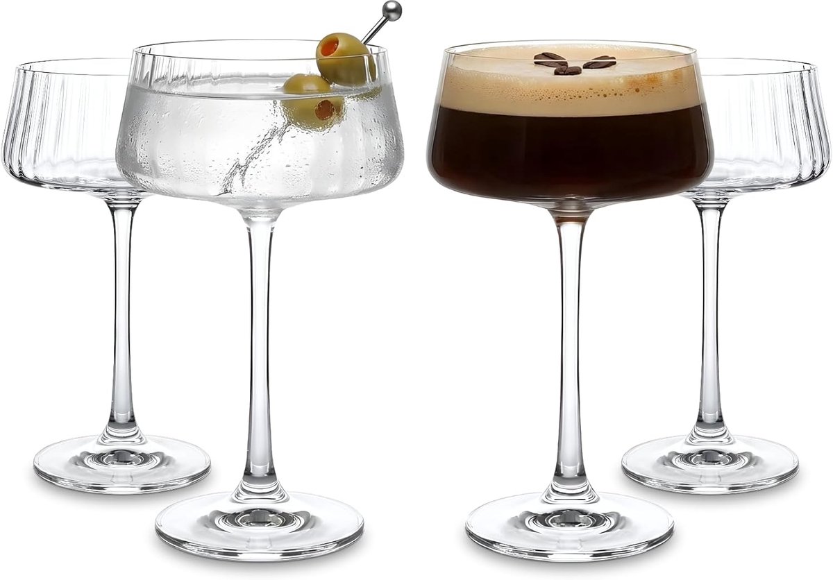 SnelShoppen - Martini Glazen Set van 4 - 22cl Ribbelend Kristalglas - Vaatwasserbestendig en Schokbestendig - Perfect voor Cocktails en Aperitieven