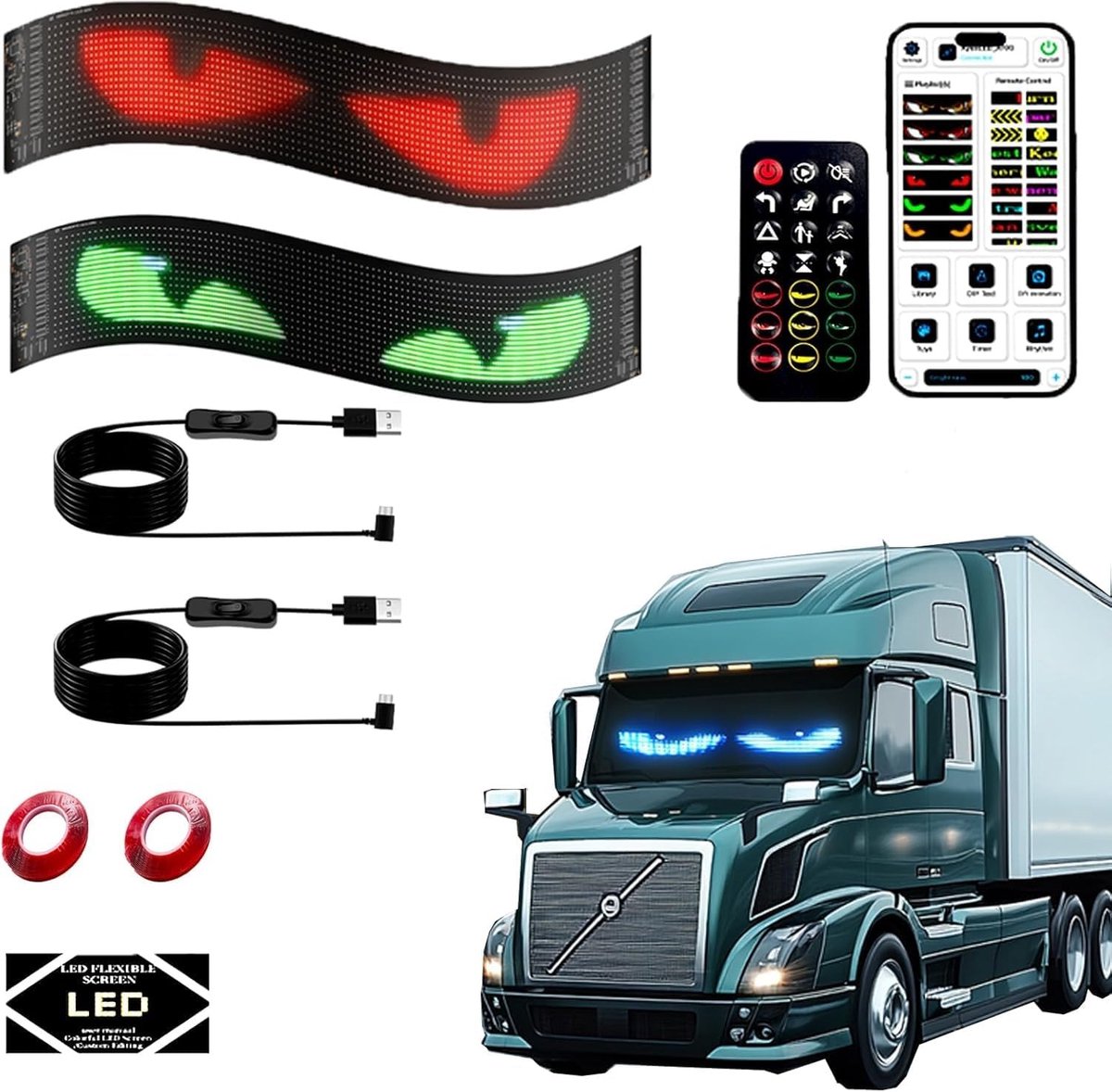 SnelShoppen - Devil Eyes LED Verlichting voor Auto's en Vrachtwagens - Flexibele Programmeerbare Scoreboard, Bluetooth App, Persoonlijke Lichtbord voo