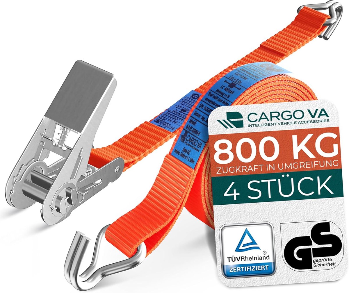 SnelShoppen - Robuuste ratelbanden 800 kg set van 4, TÜV/GS gecertificeerd, 25 mm breed, ideaal voor professioneel gebruik, 10 m voor veilig transport