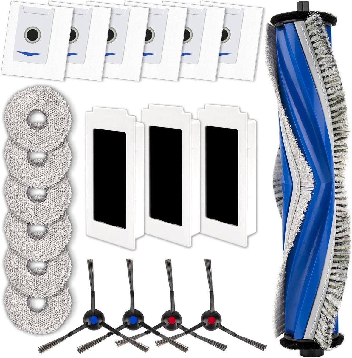 Vervangingsonderdelen voor Robotstofzuiger - 1 Rollerborstel, 4 Zijkwasten, 3 HEPA Filters, 6 Stofzakken en 6 Mop Pads voor Efficiënte Schoonmaak en Onderhoud