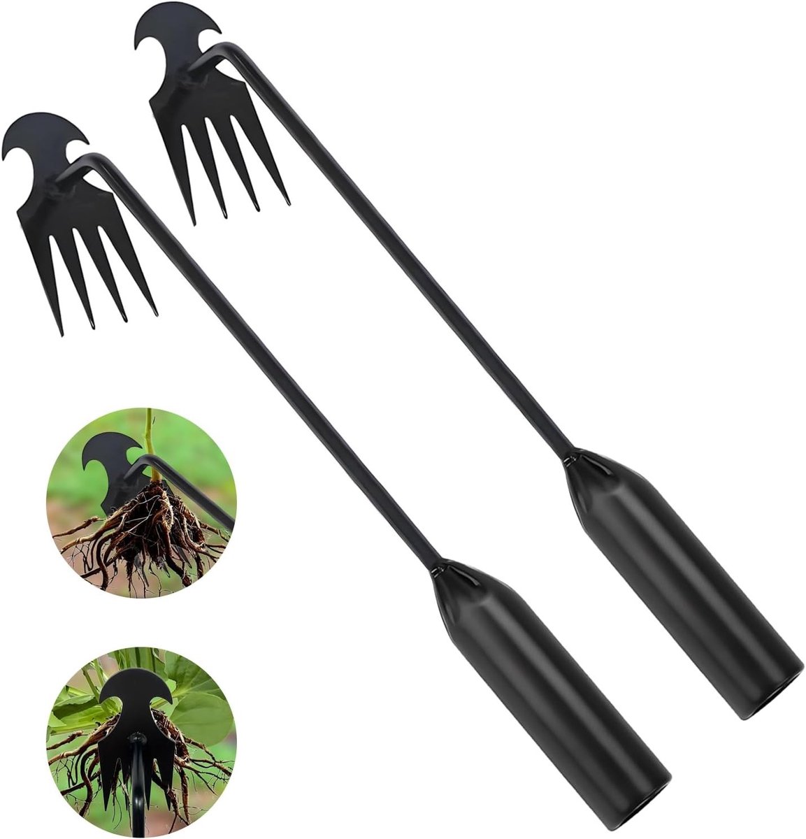 Onkruidstekers Set - Tuingereedschap Onkruidverwijderaar - Tuinonderhoud - Viertand Ontwerp - 40 cm - Zwart