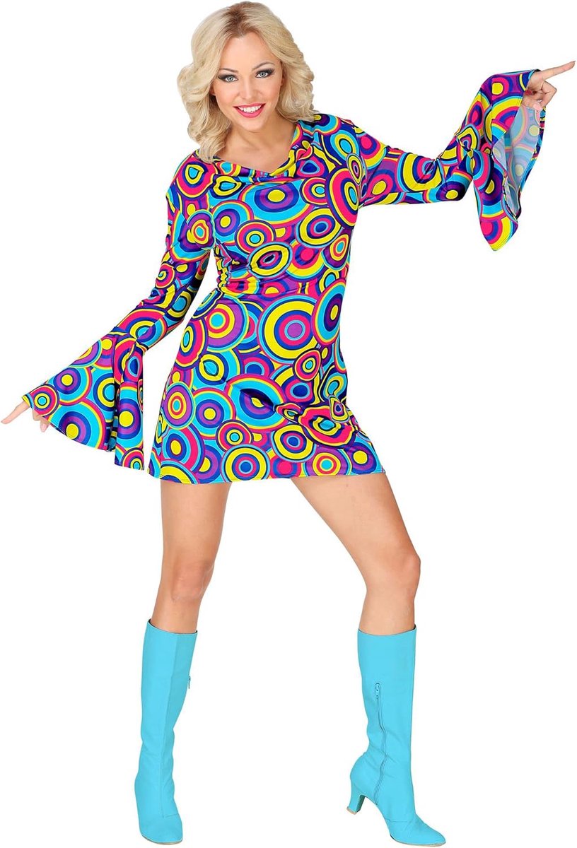 SnelShoppen - 70s Disco Kostuum Dames XS, Kleurrijke Bubbel Jurk met Trompetmouwen voor Carnaval, Feest, Themafeest, Dansen, Retro Look