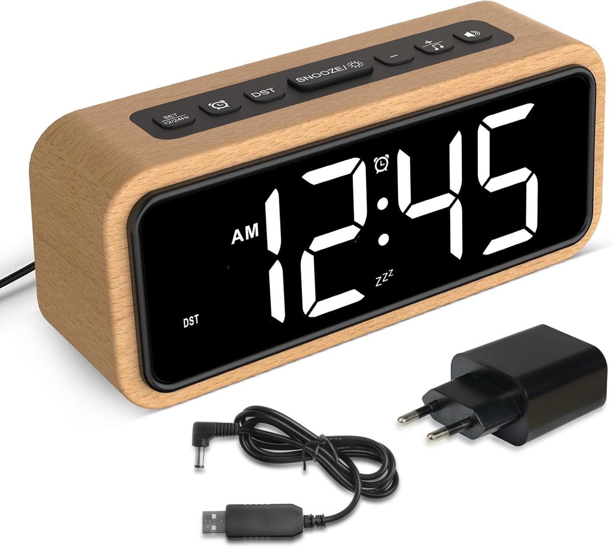 Thijox - Luide wekker voor diepe slaap, houten wekker met LED-display, 12 alarmtonen, 5 helderheidsniveaus, 5 volumeniveaus, retro slaapkamerwekker (w
