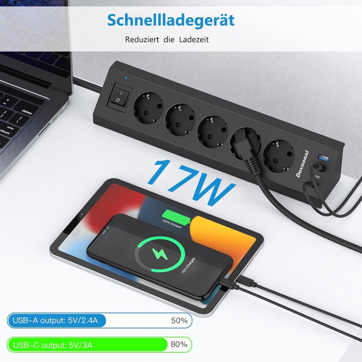 Thijox - Tafelstopcontact met USB C en Tafelklem, 5-voudig Meervoudige Stopcontact met 4 USB Poorten, 3680 W/16 A, 2 m Kabel, Overspanningsbeveiliging