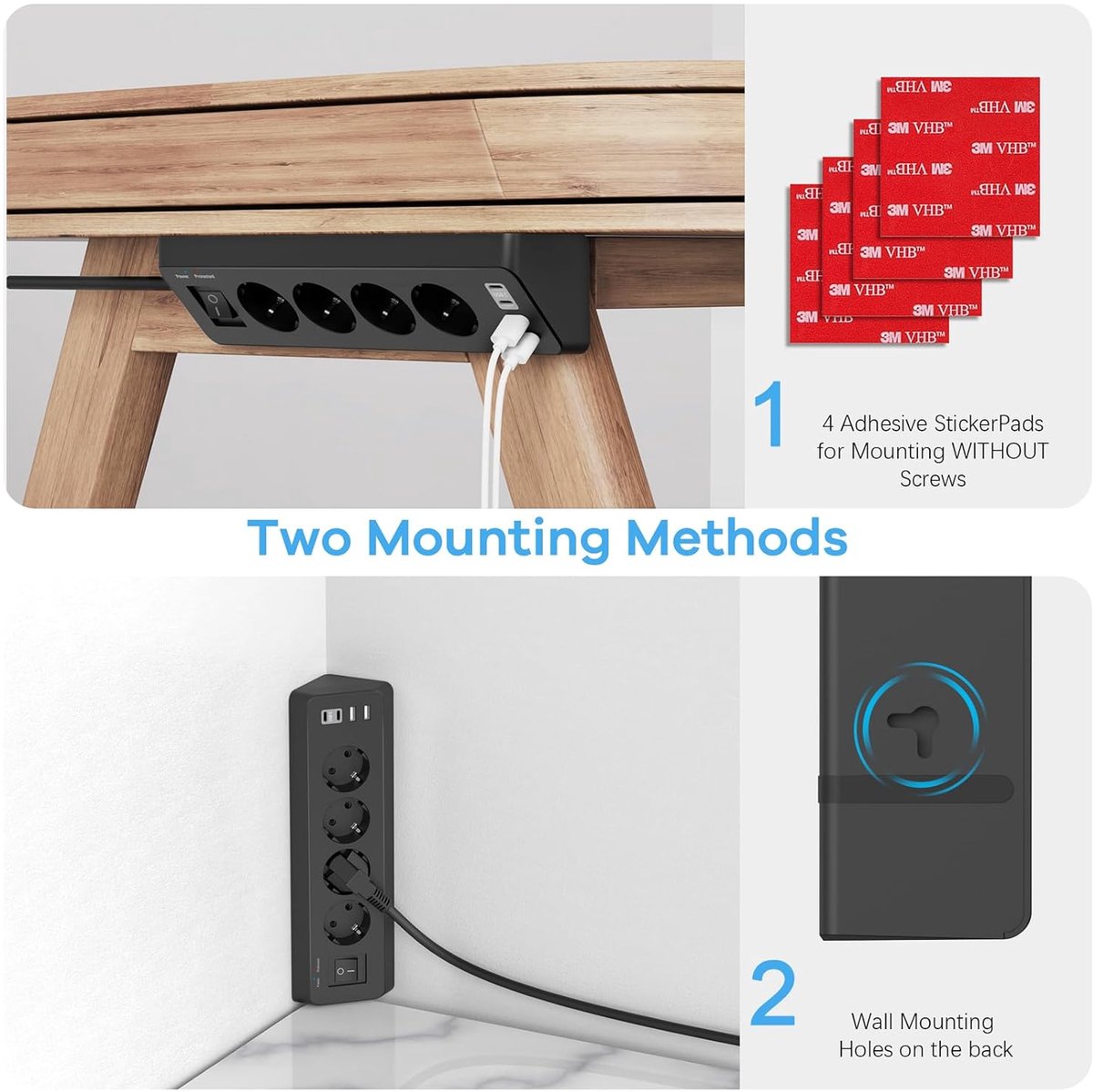 Thijox - Hoekstopcontact met 2 USB en 2 Type-C, 4-voudig Meervoudig Stopcontact met Schakelaar en 2 m Kabel voor Keuken, Zwart - Overspanningsbeveilig