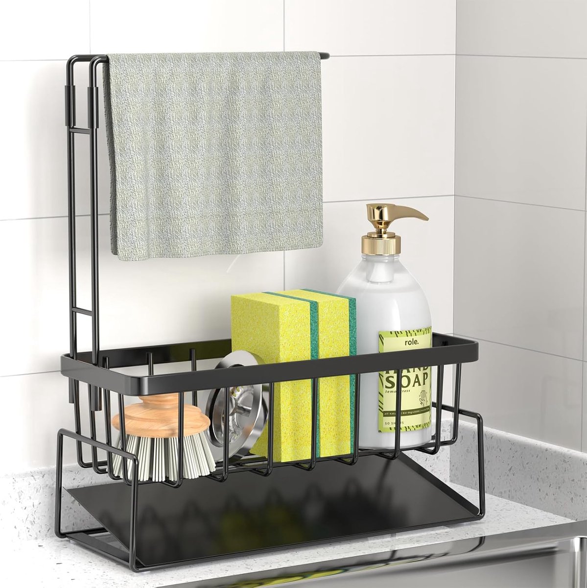 SnelShoppen - Multifunctionele Keuken Organizer - RVS Afwasbak Organizer met Handdoekhouder & Sponshouder - Ruimtebesparend voor Keuken en Badkamer -