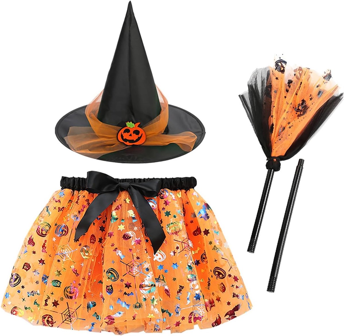 Halloween Kostuum voor Kinderen - Meisjes Tutu Heks Kostuum met Hoed en Bezems - Perfect voor Feesten en Verkleedpartijen