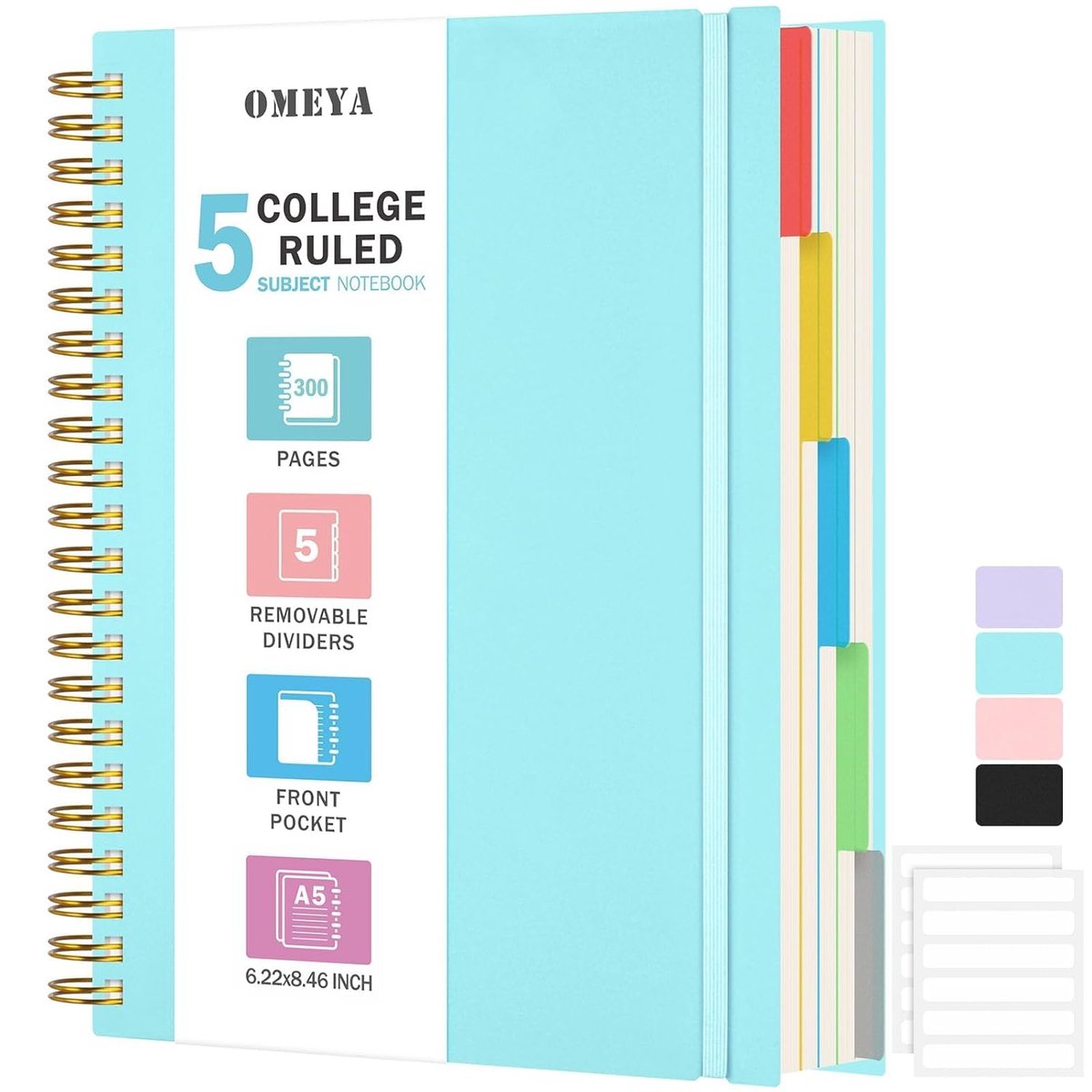 SnelShoppen - A5 Notebook Lined Notebooks met 5 Compartimenten en Verwijderbare Scheidingsbladen 300 Vel 100gsm Spiral Notebook Soft Cover voor Schrij