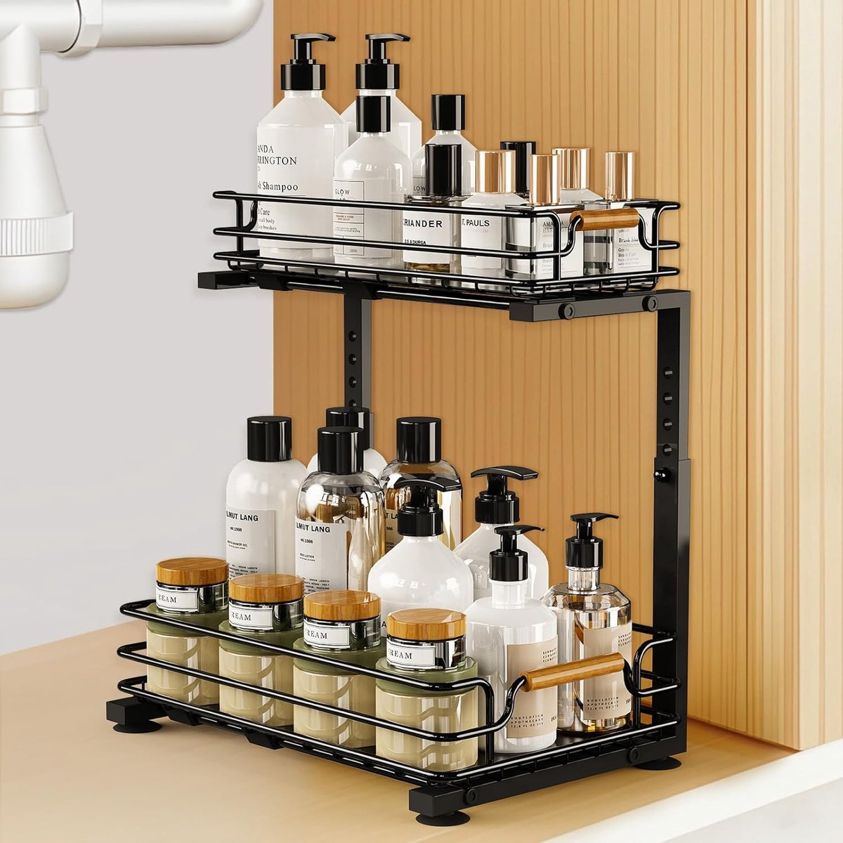SnelShoppen - 2 Laags Keuken Sink Organiser, Verstelbaar en Uittrekbaar, Onderbouw Rvs Opbergrek, Schoonmaakmiddelen Organizer voor Badkamer en Keuken