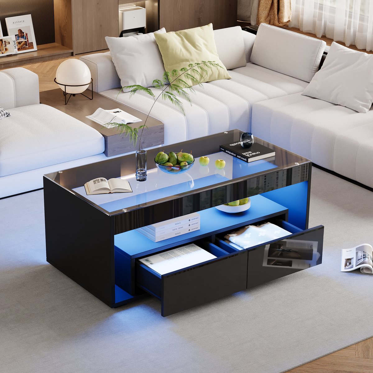 COVREO Salontafel 100x50x40 cm zwart met glazen blad, 2 lades en LED-verlichting